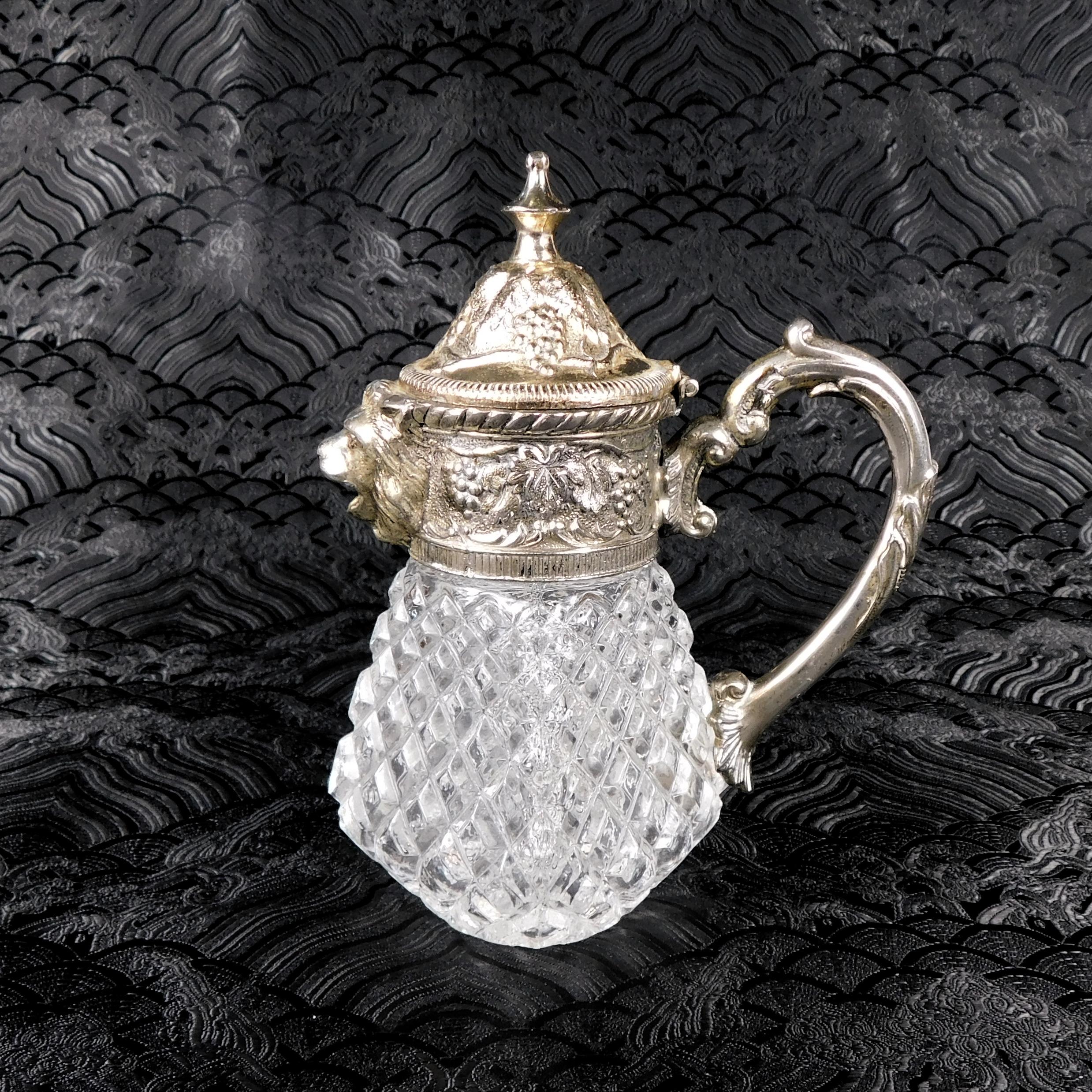 Crystal Syrup Pitcher, Milk Jug, Creamer with Metal Lid with Lions Head Spout # 27655