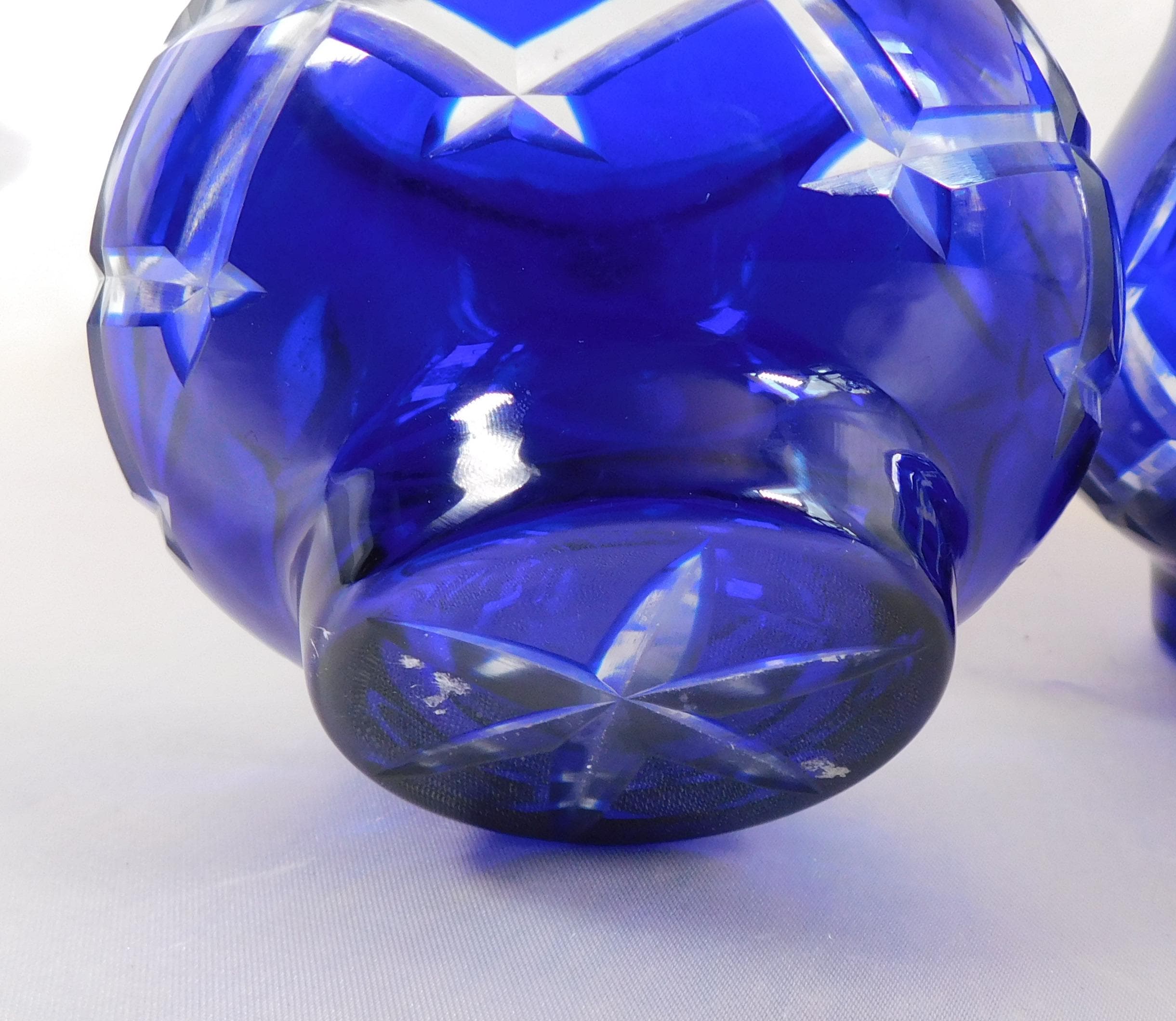 Set of Four Blue Cut to Clear Glasses, Vases, Candleholders  # 25819