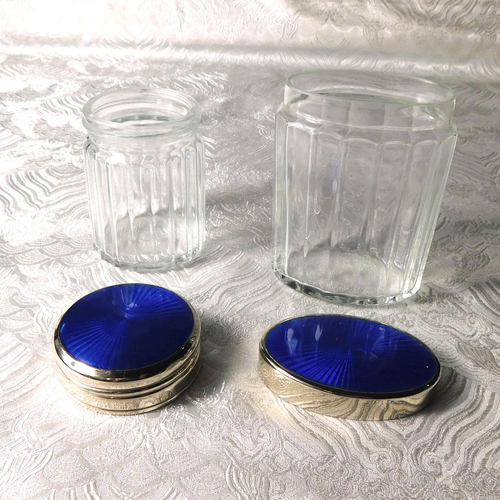 Lot of Two Clear Glass Vanity Jars with Blue Lids # 25802
