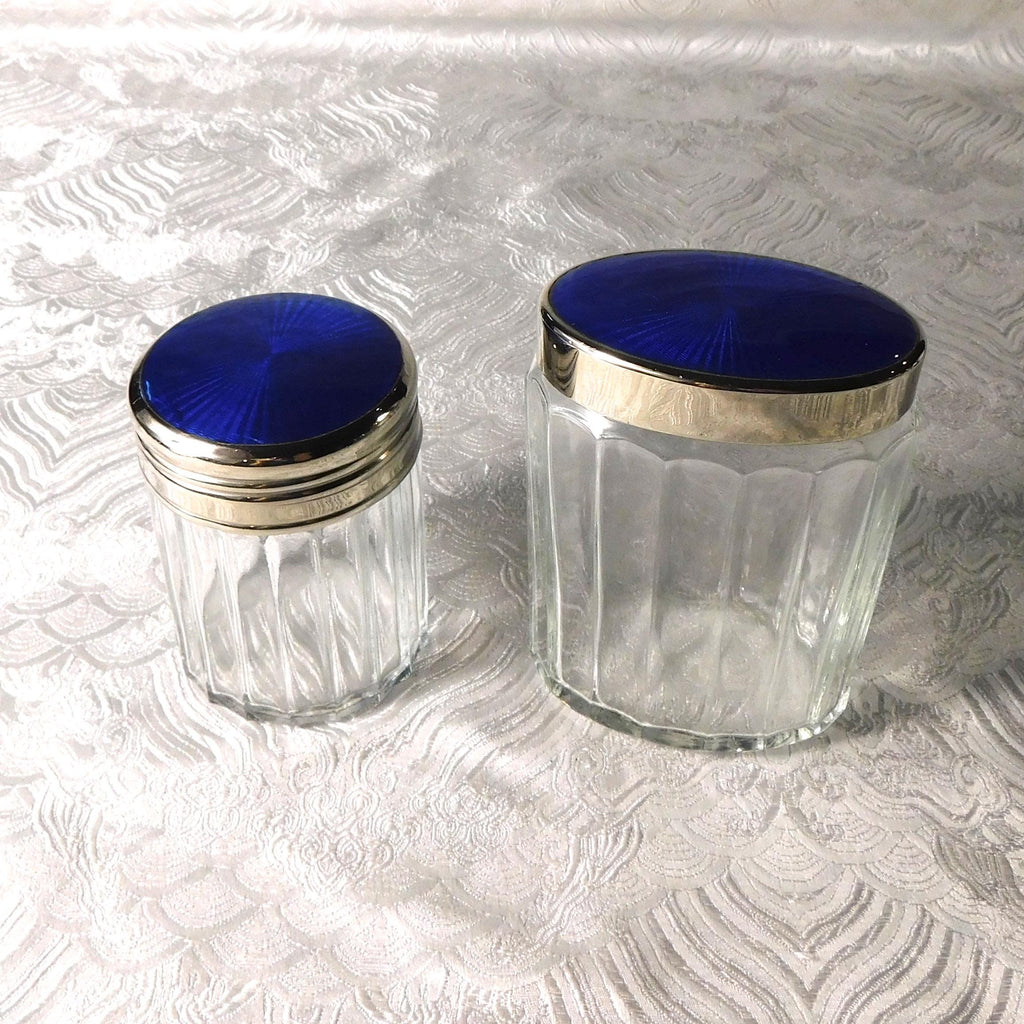 Lot of Two Clear Glass Vanity Jars with Blue Lids # 25802