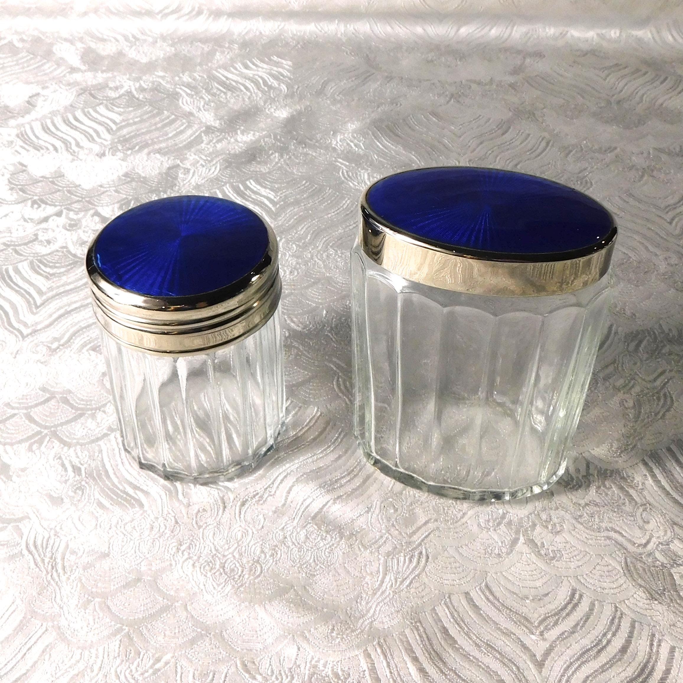 Lot of Two Clear Glass Vanity Jars with Blue Lids # 25802