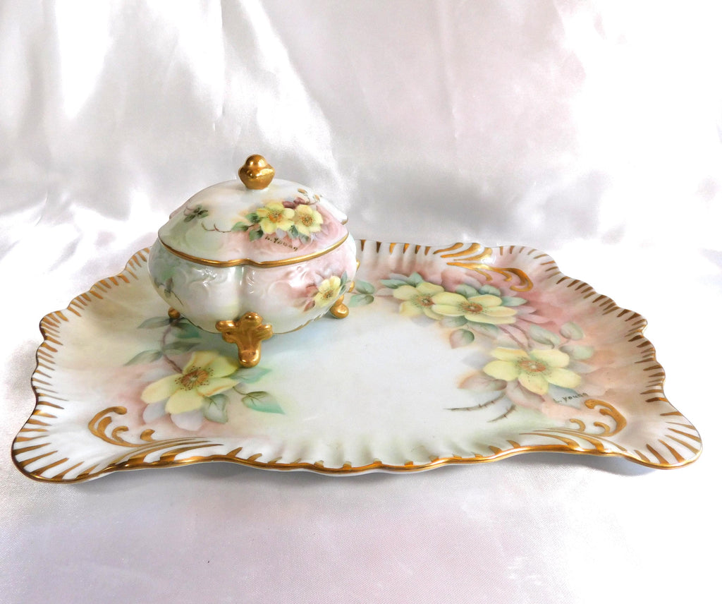 Hand Painted and Signed Vanity Tray and Covered Vanity Jar # 23678