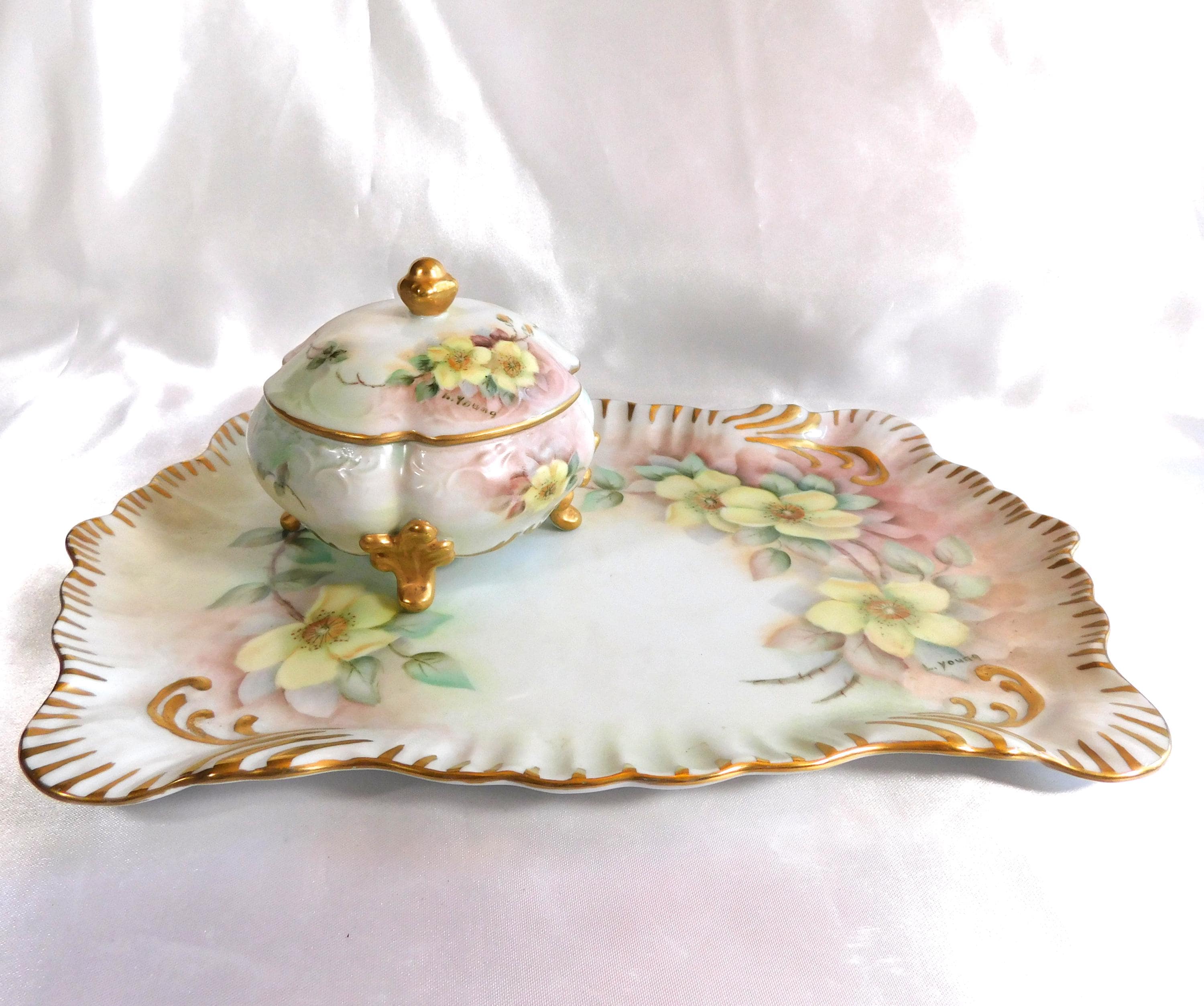 Hand Painted and Signed Vanity Tray and Covered Vanity Jar # 23678