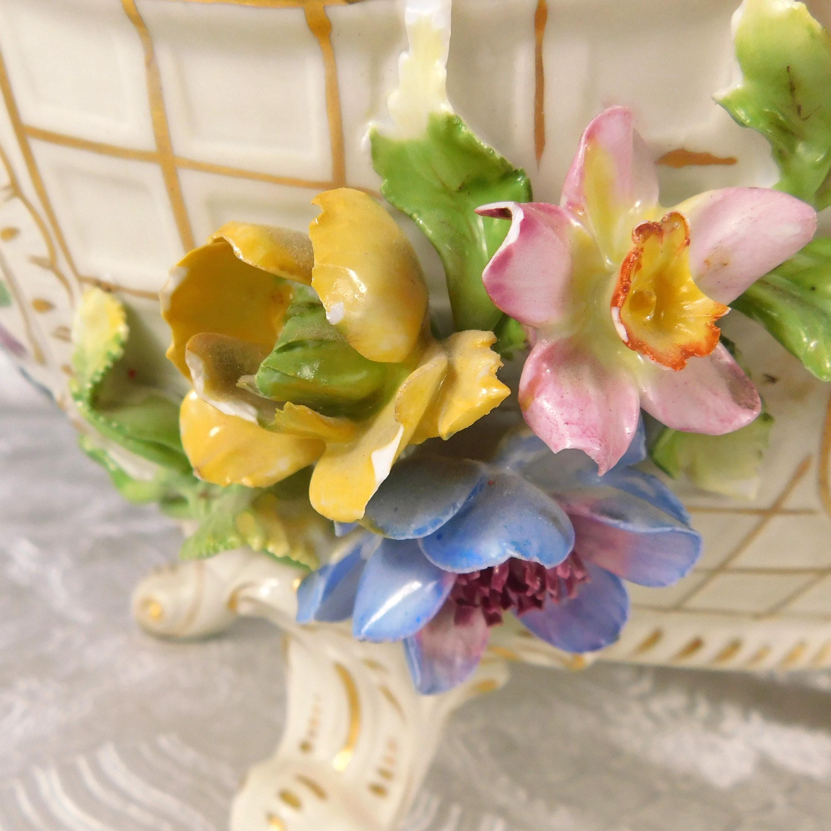 Very Large Footed Dresden Bowl with Three Dimensional Flowers # 27621