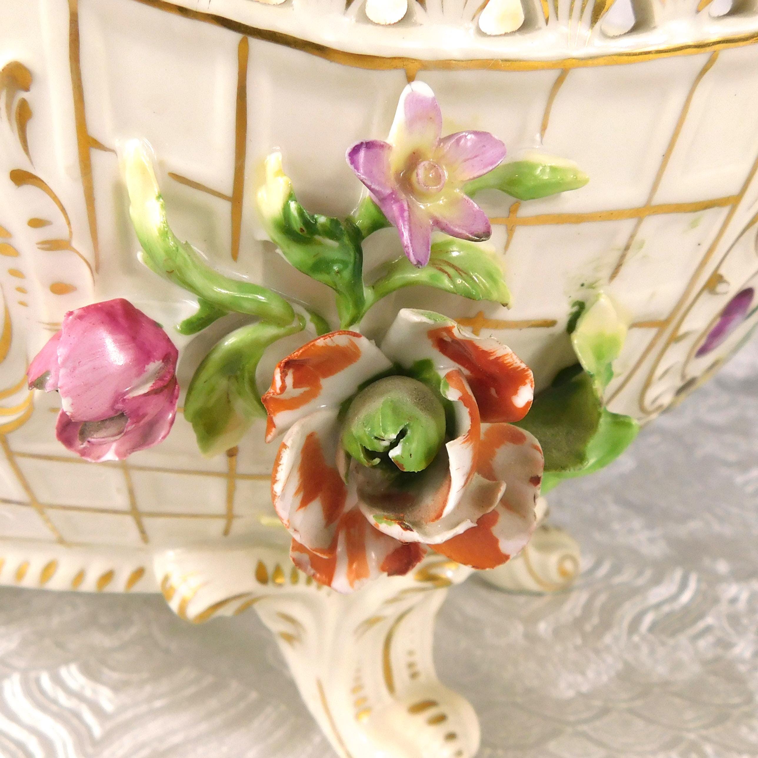 Very Large Footed Dresden Bowl with Three Dimensional Flowers # 27621