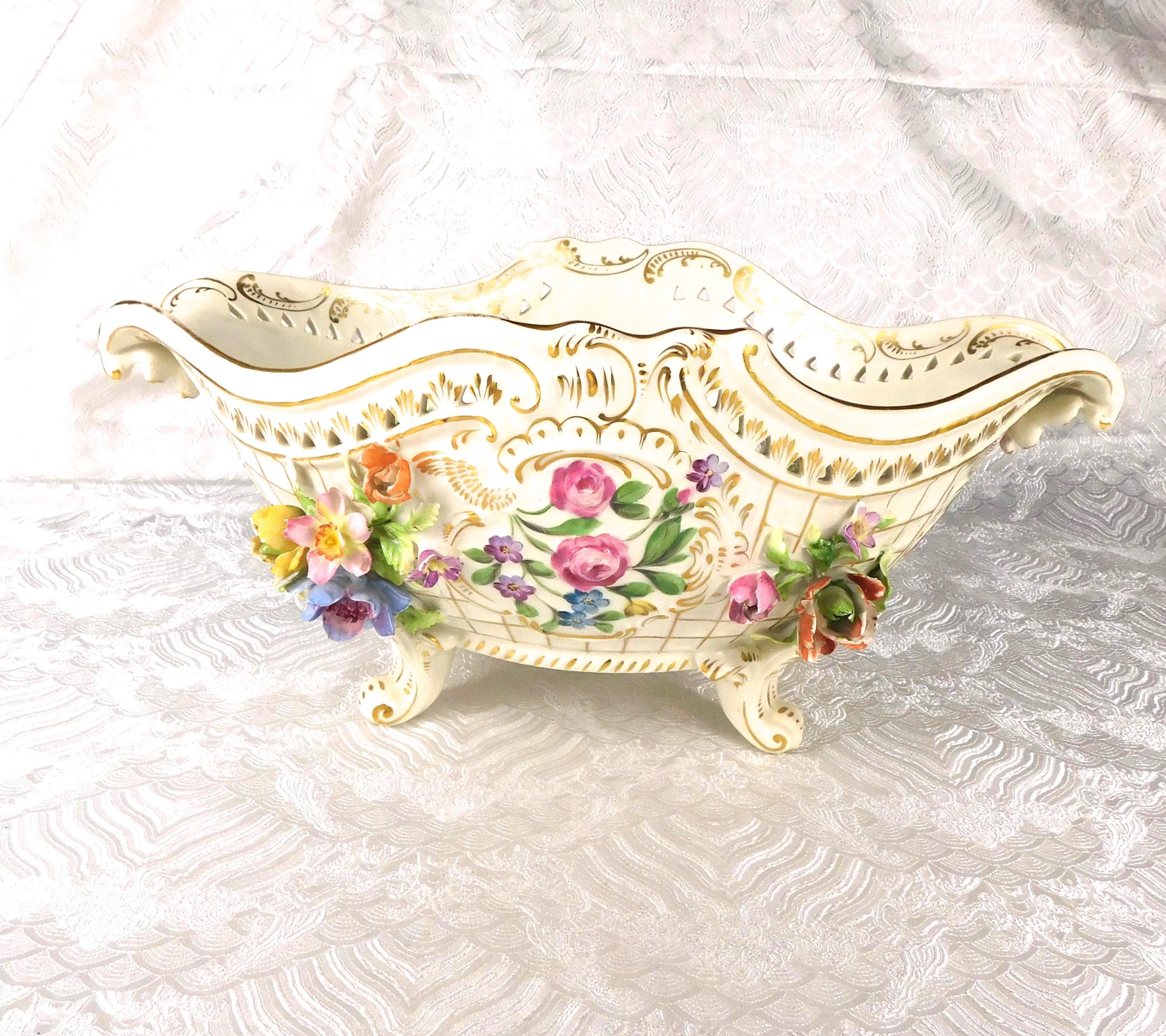 Very Large Footed Dresden Bowl with Three Dimensional Flowers # 27621