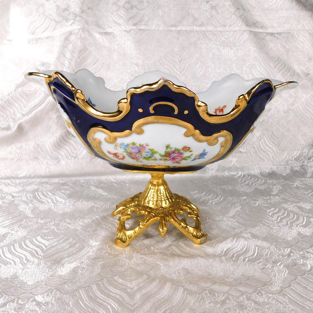 Large Blue and White Floral Bowl on Golden Metal Base # 27597