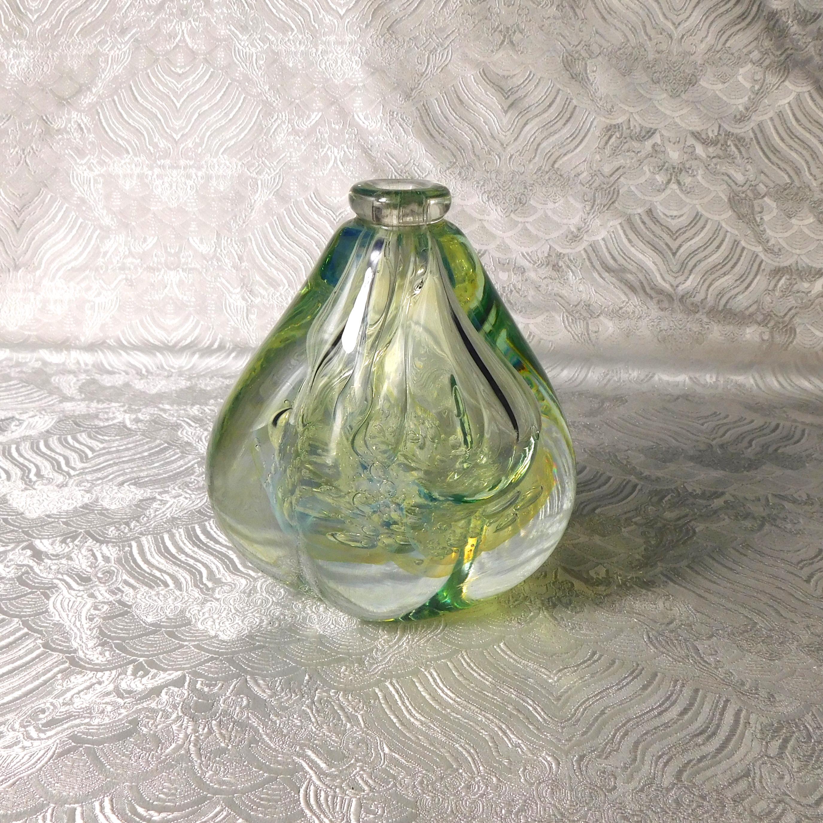 Robert Eickholt Art Glass Perfume Bottle with Pale Green and Yellow Bubbles # 26773