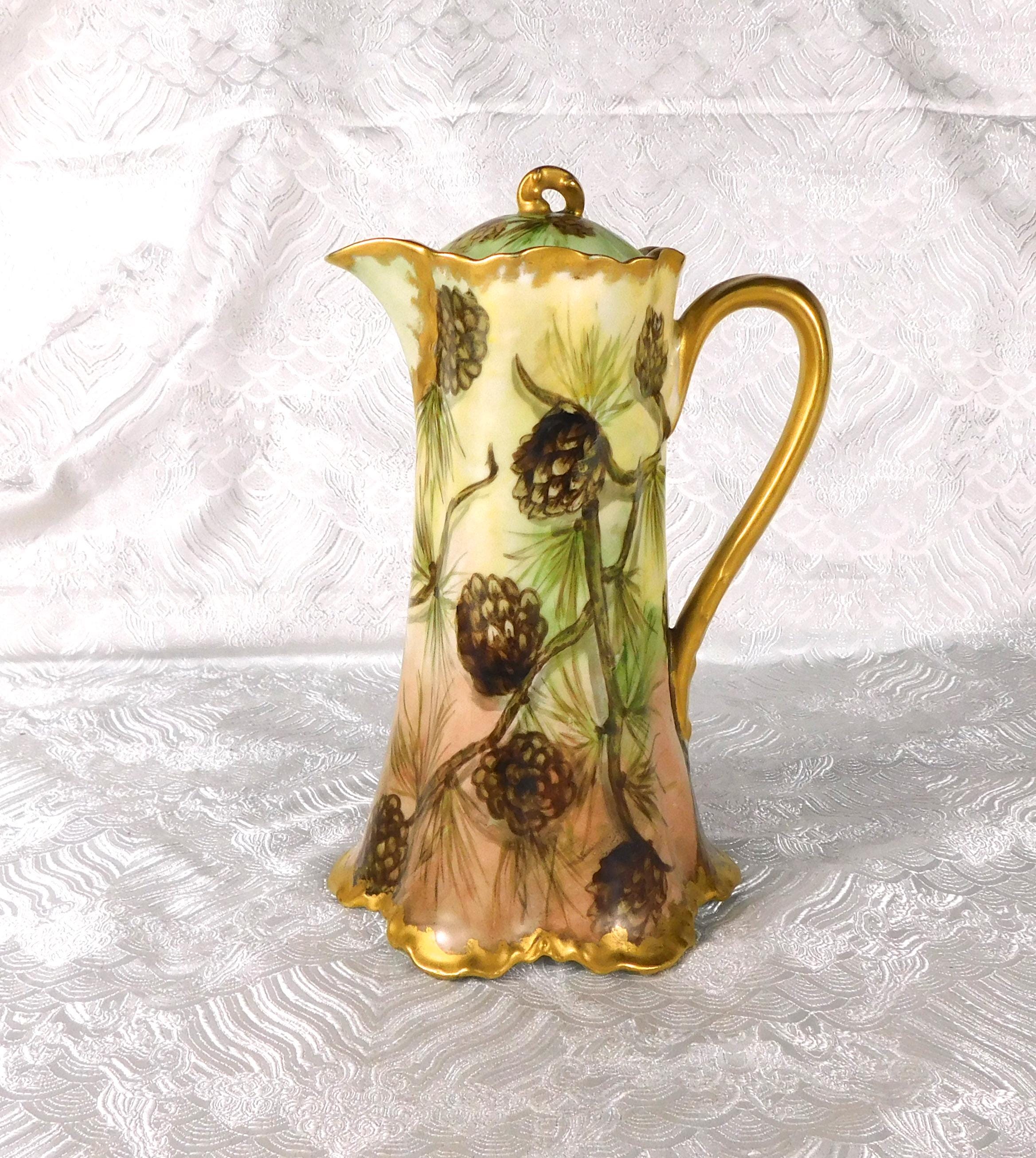 Antique Signed Haviland Chcolate Pot with Pine Cones # 27595