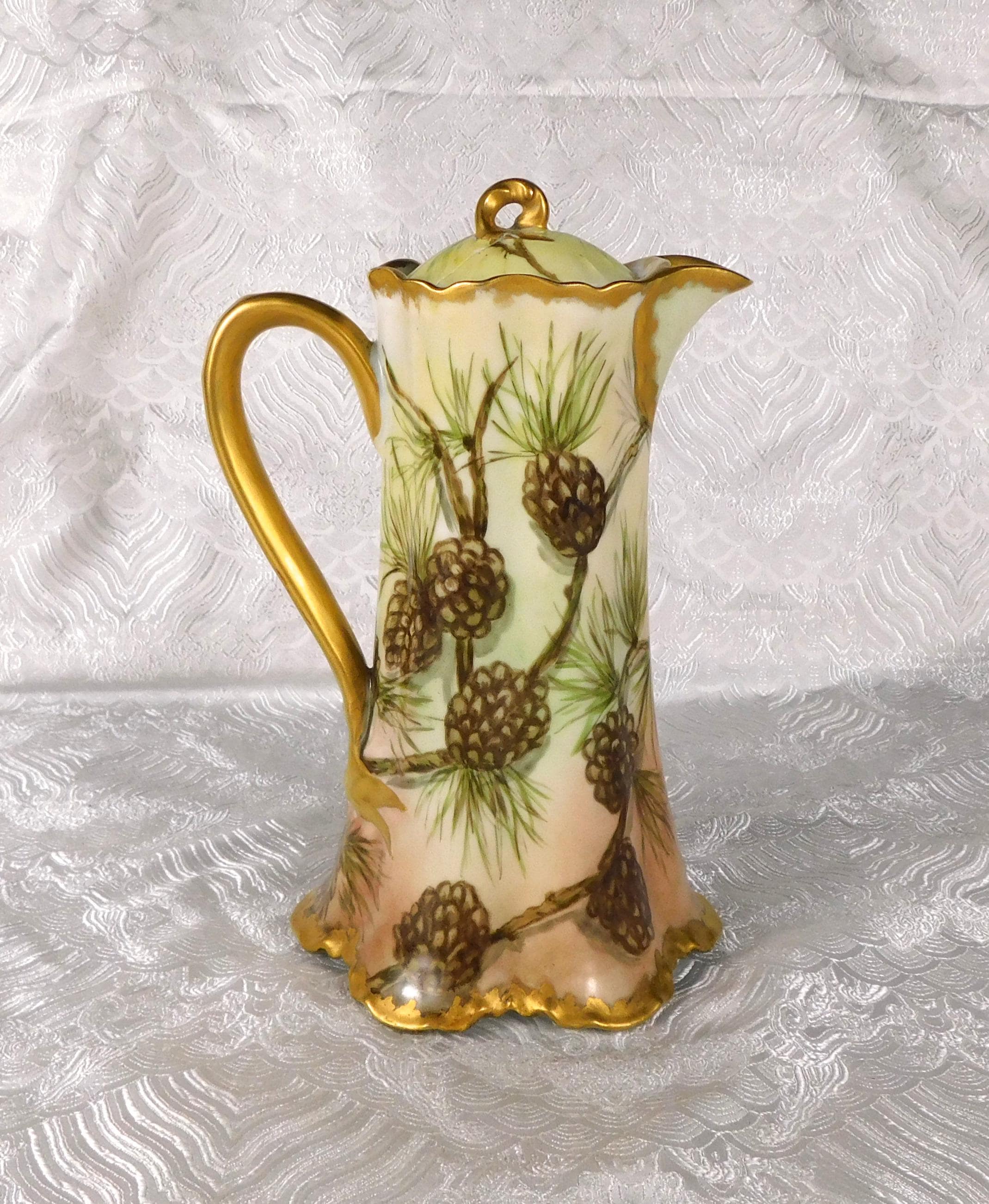 Antique Signed Haviland Chcolate Pot with Pine Cones # 27595