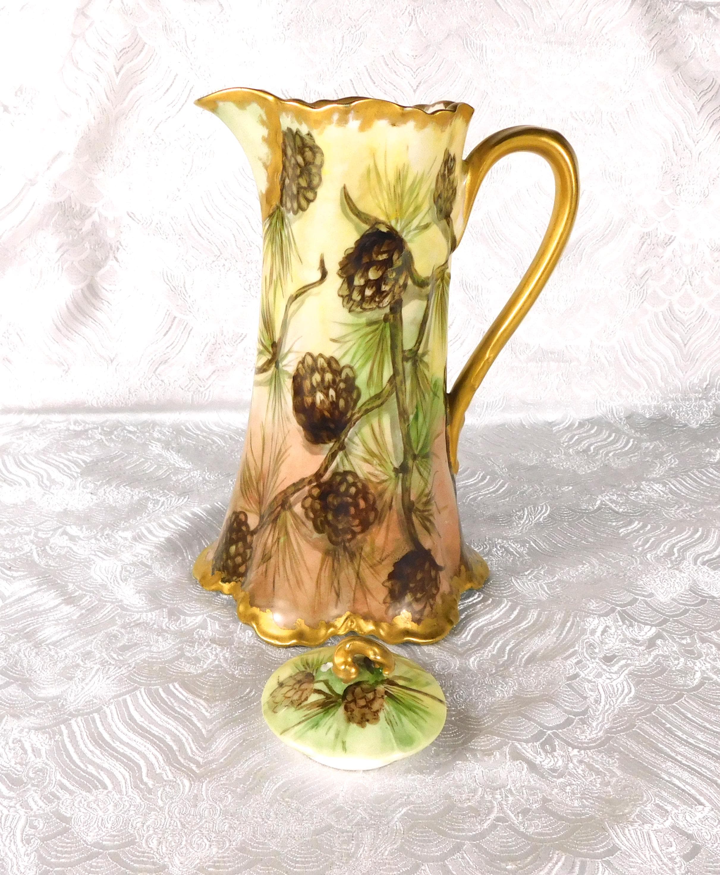 Antique Signed Haviland Chcolate Pot with Pine Cones # 27595