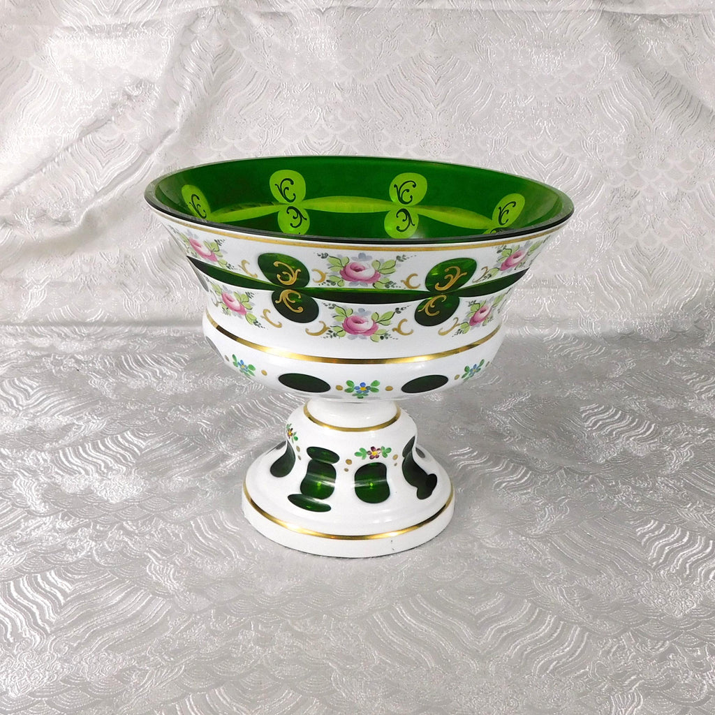 White Over Green Cut to Clear  Glass Large Compote # 27640