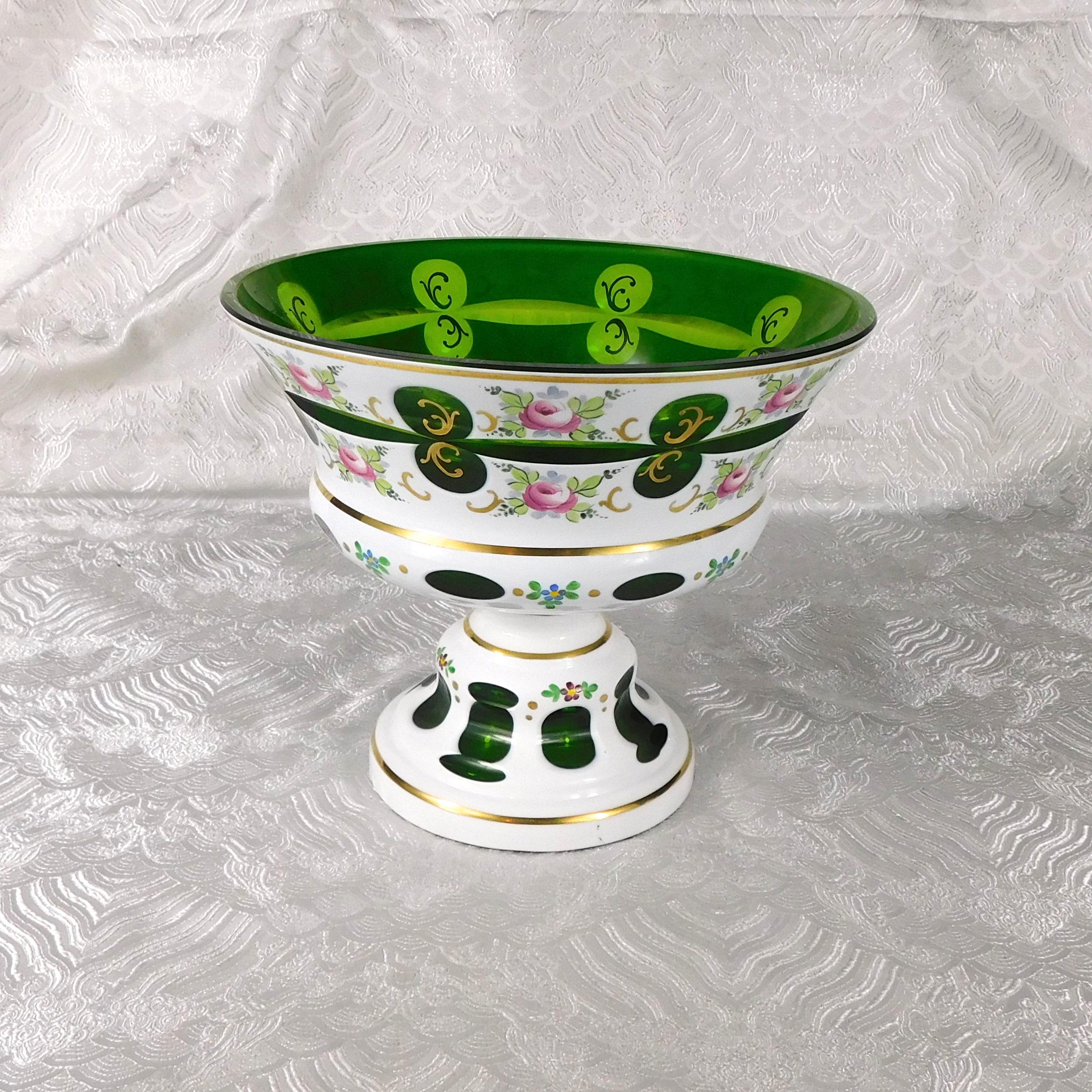 White Over Green Cut to Clear  Glass Large Compote # 27640