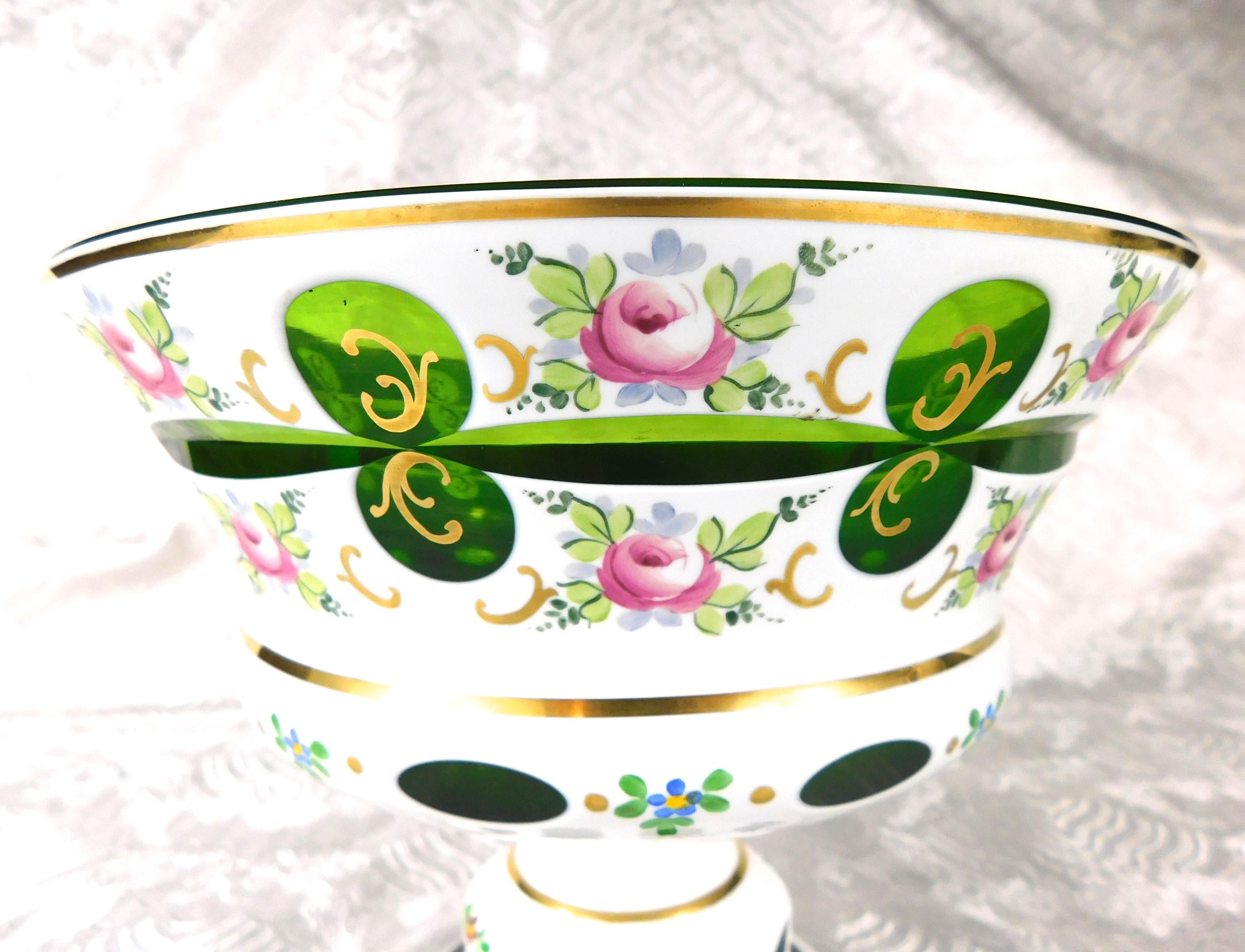 White Over Green Cut to Clear  Glass Large Compote # 27640