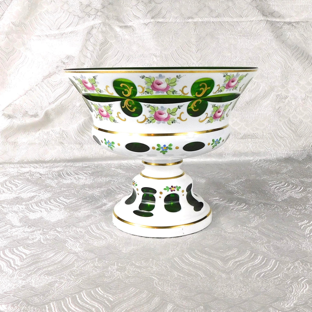 White Over Green Cut to Clear  Glass Large Compote # 27640