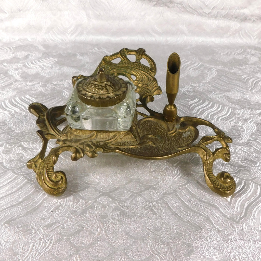 Metal Inkwell Stand with Glass Inkwell and Pen Holder # 27625