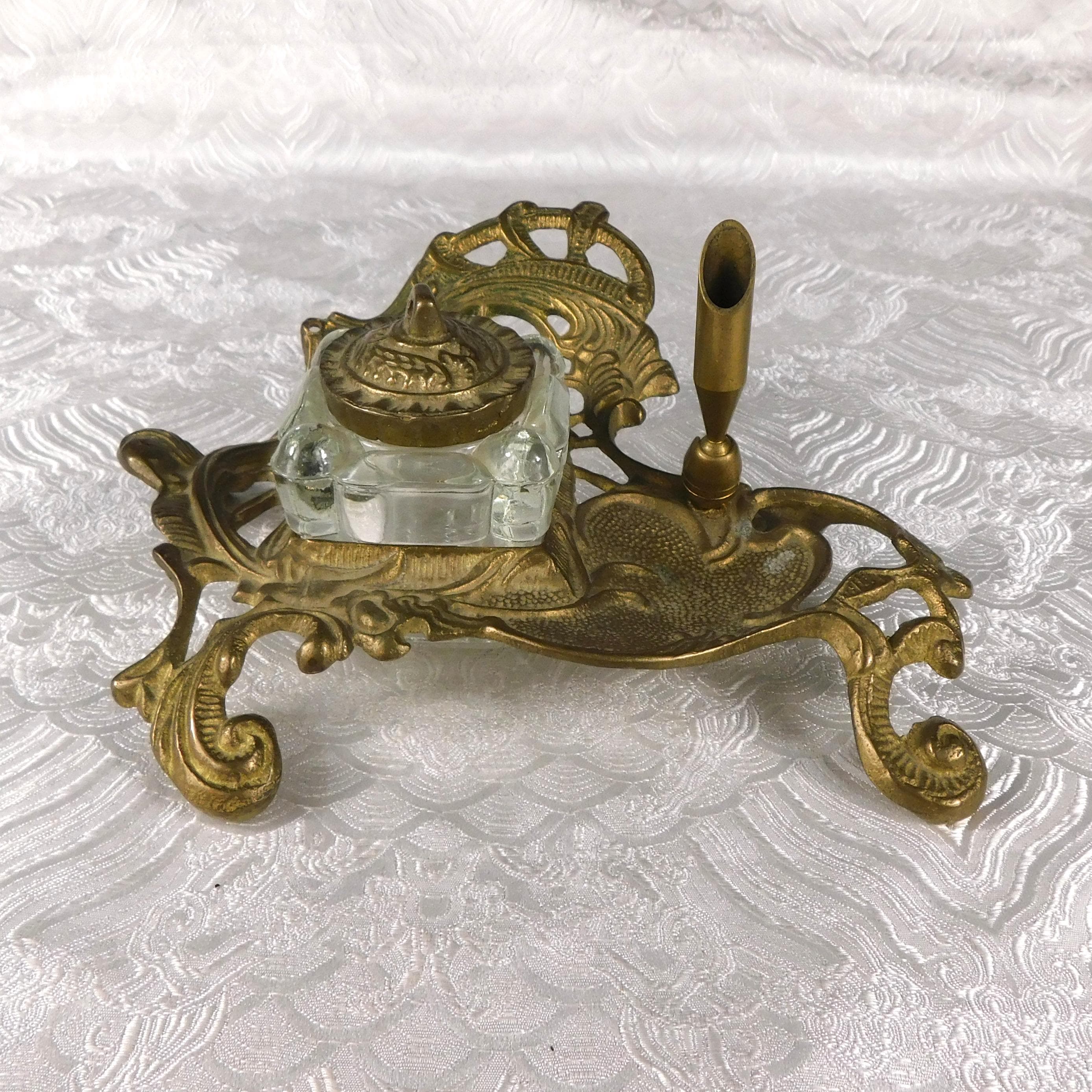 Metal Inkwell Stand with Glass Inkwell and Pen Holder # 27625