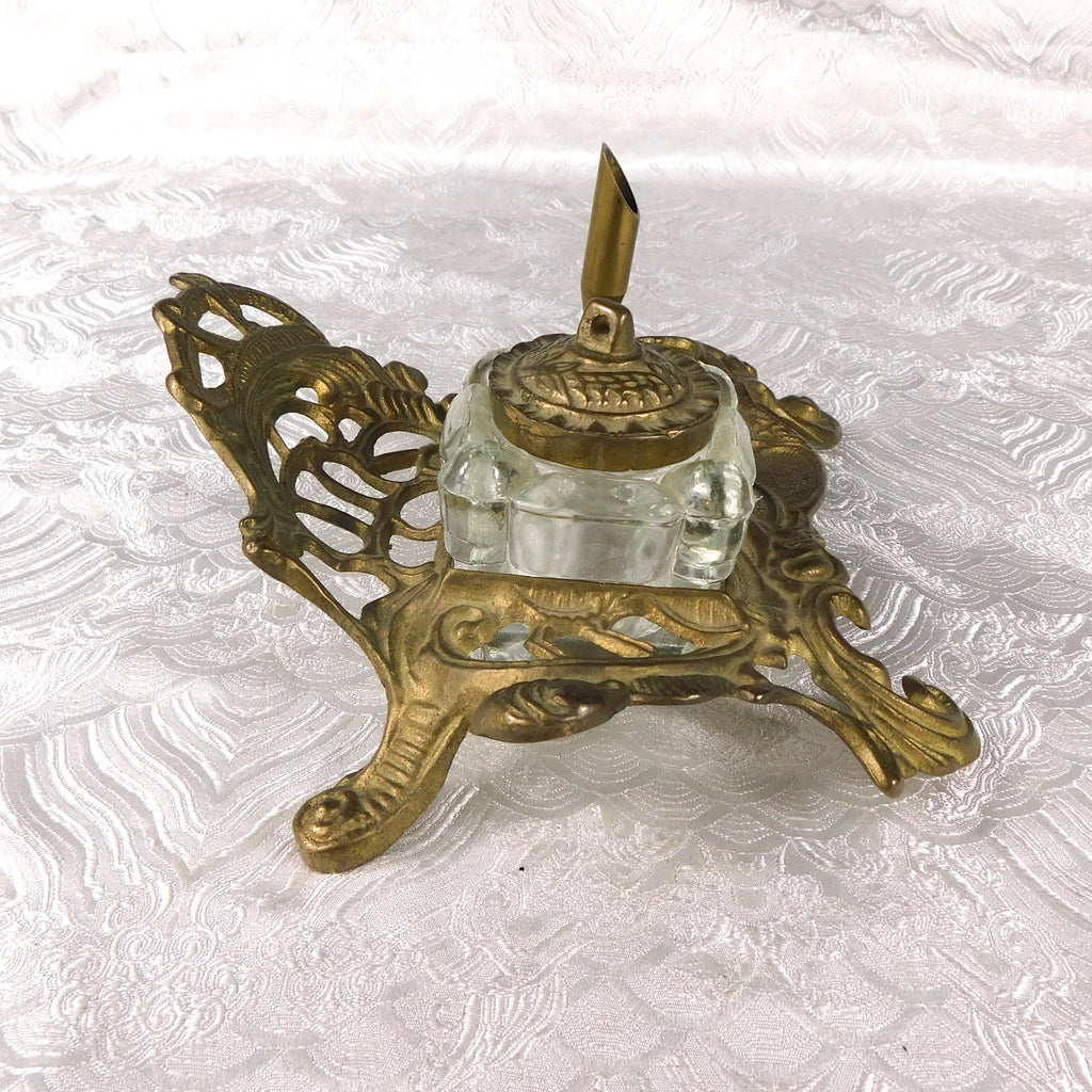 Metal Inkwell Stand with Glass Inkwell and Pen Holder # 27625