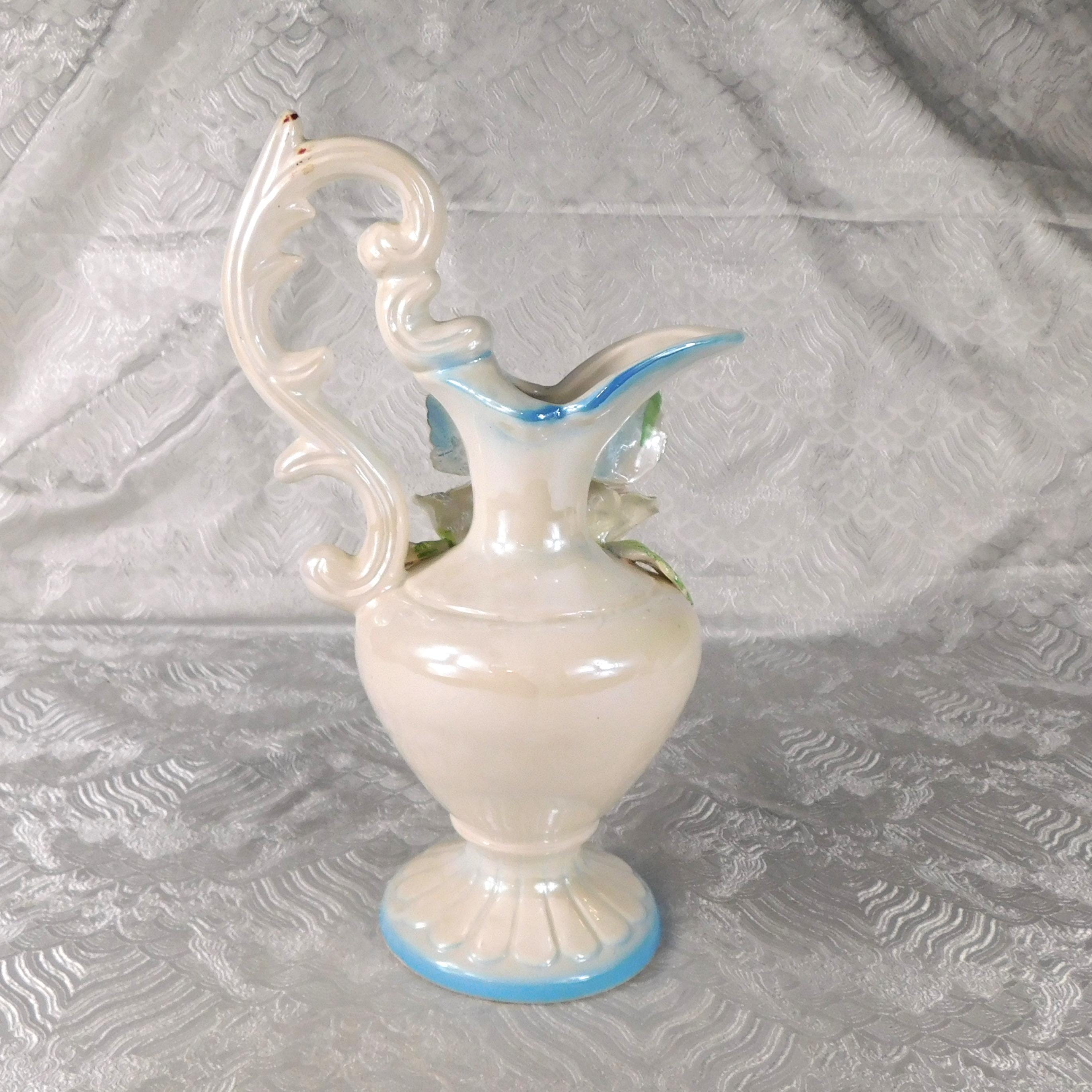 Blue and White Ceramic Pitcher with Three Dimensional Flowers # 27654