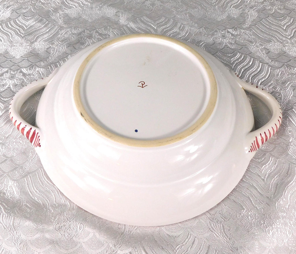 Round White Serving Dish with Pink Flowers and Handles # 27629