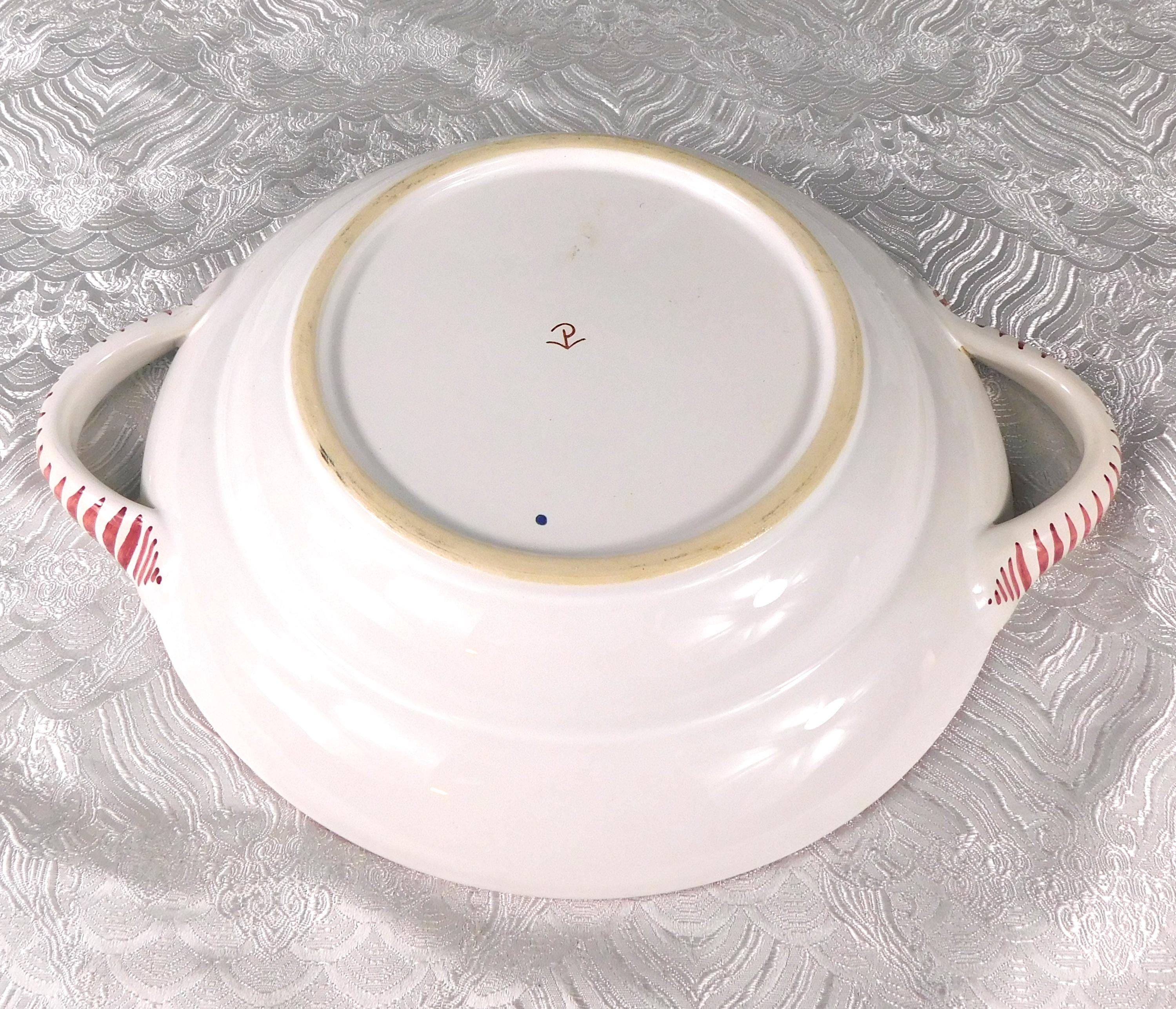 Round White Serving Dish with Pink Flowers and Handles # 27629
