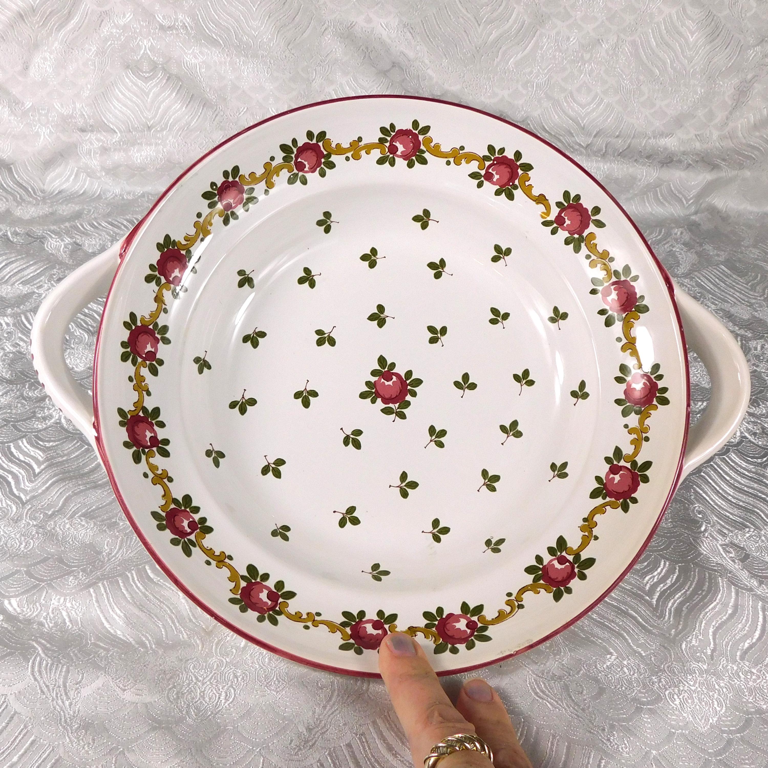 Round White Serving Dish with Pink Flowers and Handles # 27629