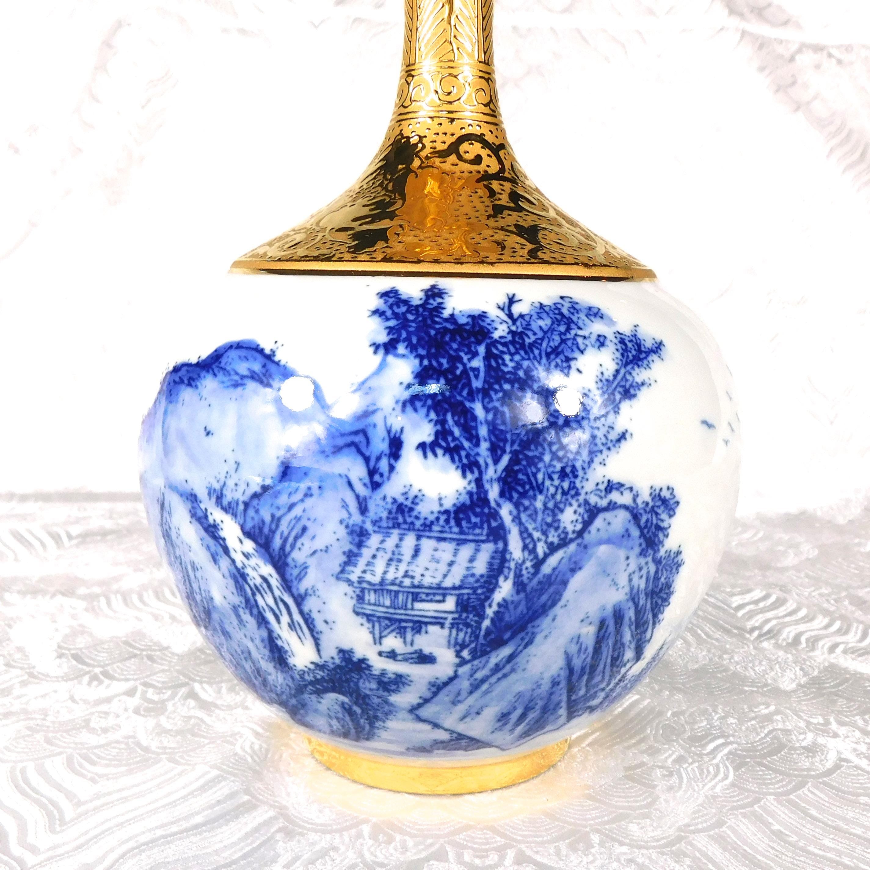 Blue and White Chinese Vase with Gold Neck # 27567