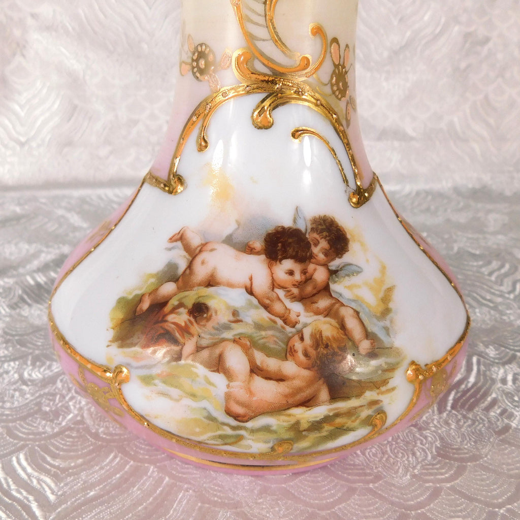 Pink and Cream Vase with Angel Design and Gold Trim   # 27649