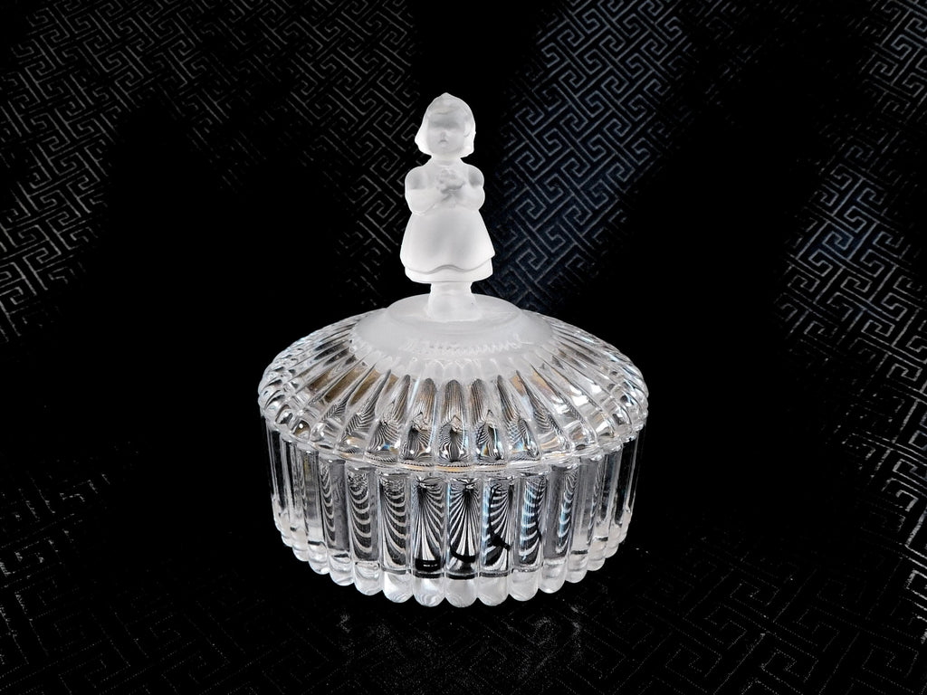 Glass Covered Trinket Powder Dish with Girl Shaped Handle  # 23525