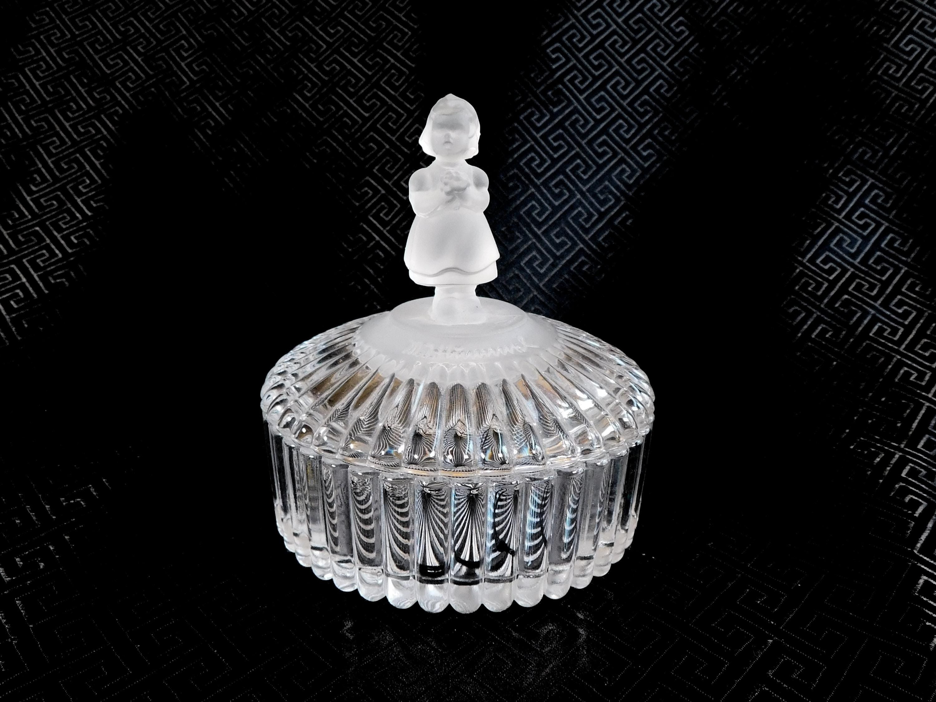 Glass Covered Trinket Powder Dish with Girl Shaped Handle  # 23525