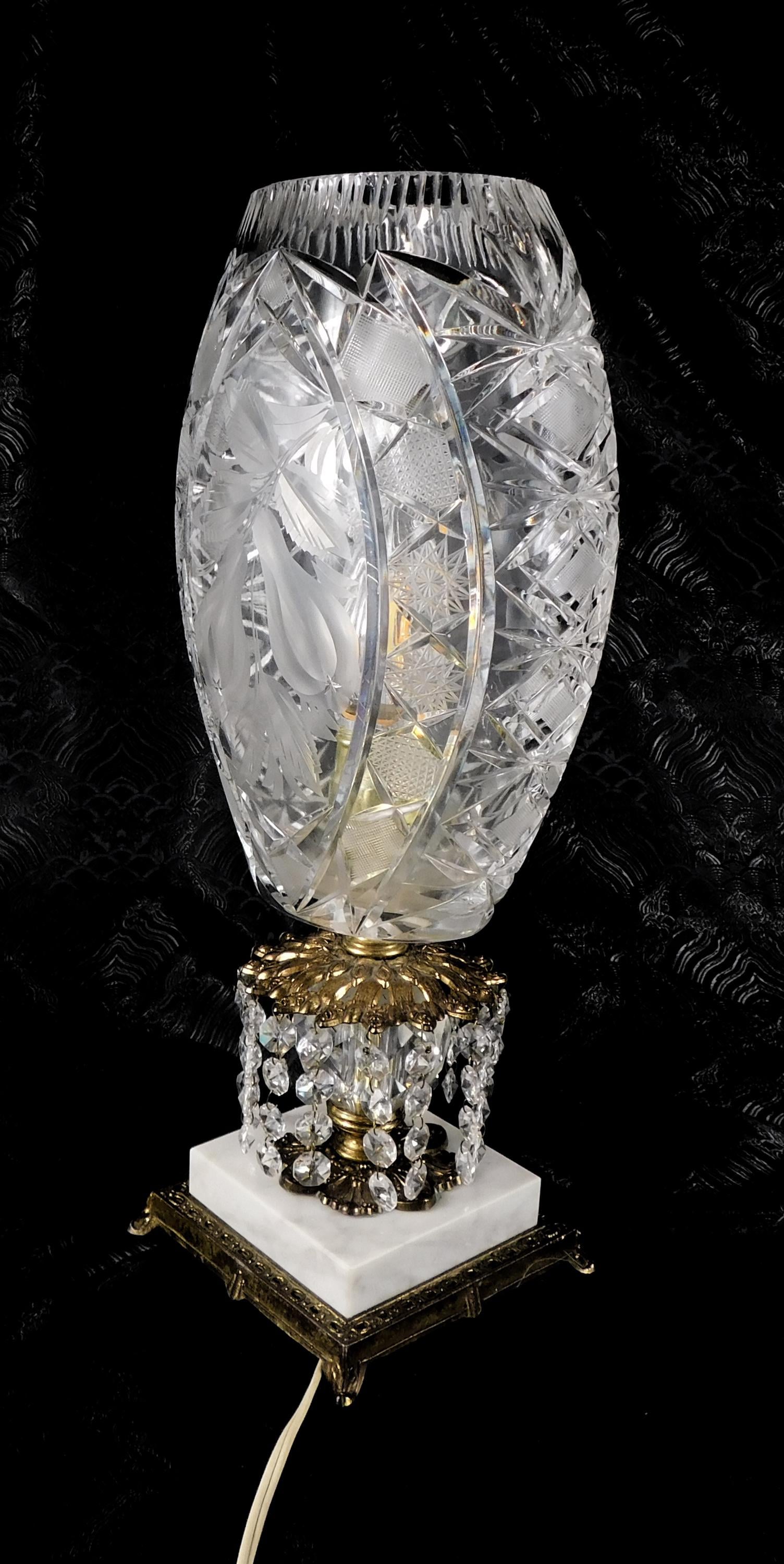 Very Large Cut Crystal Lamp on Marble Base with Hanging Prisms # 27690