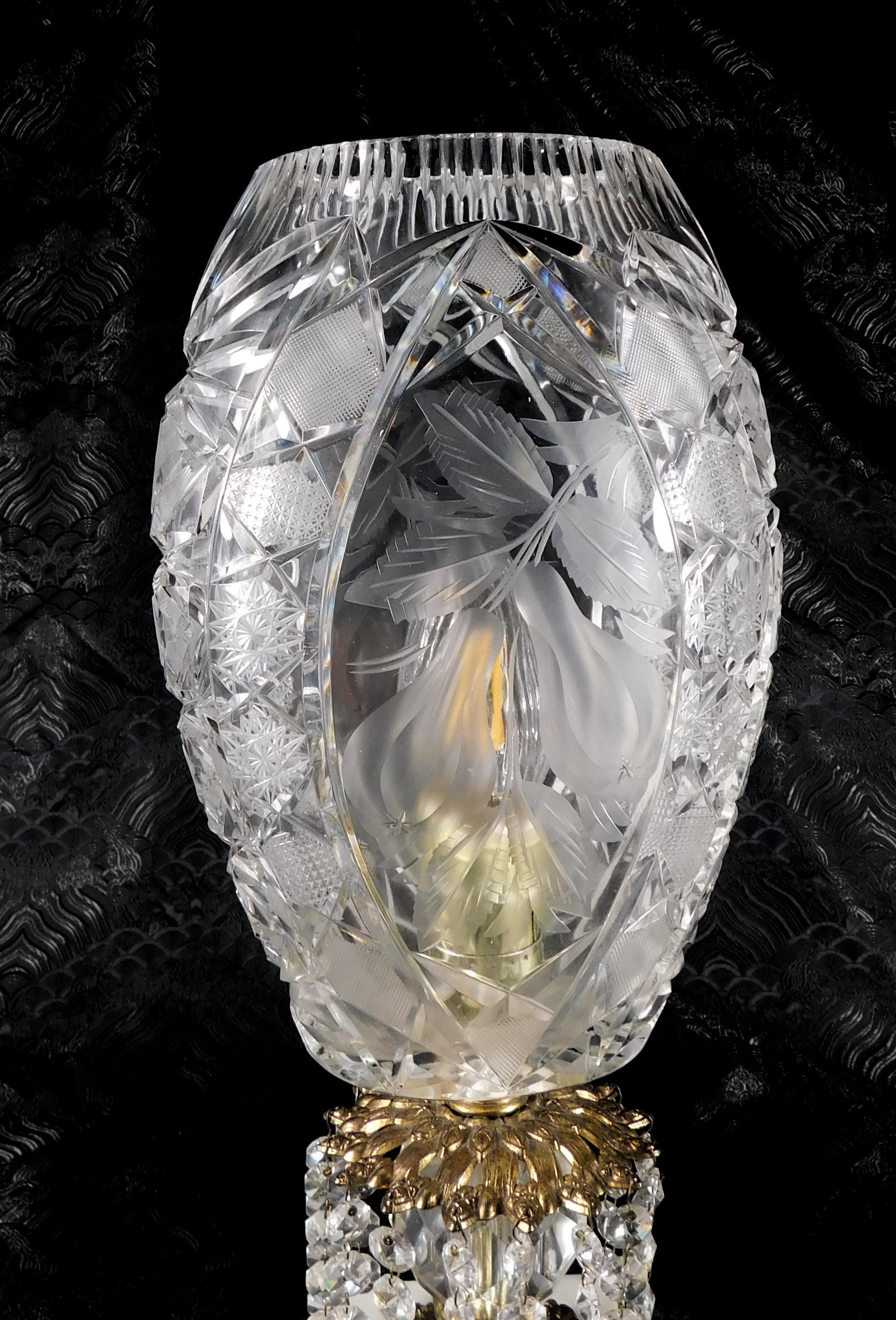 Very Large Cut Crystal Lamp on Marble Base with Hanging Prisms # 27690