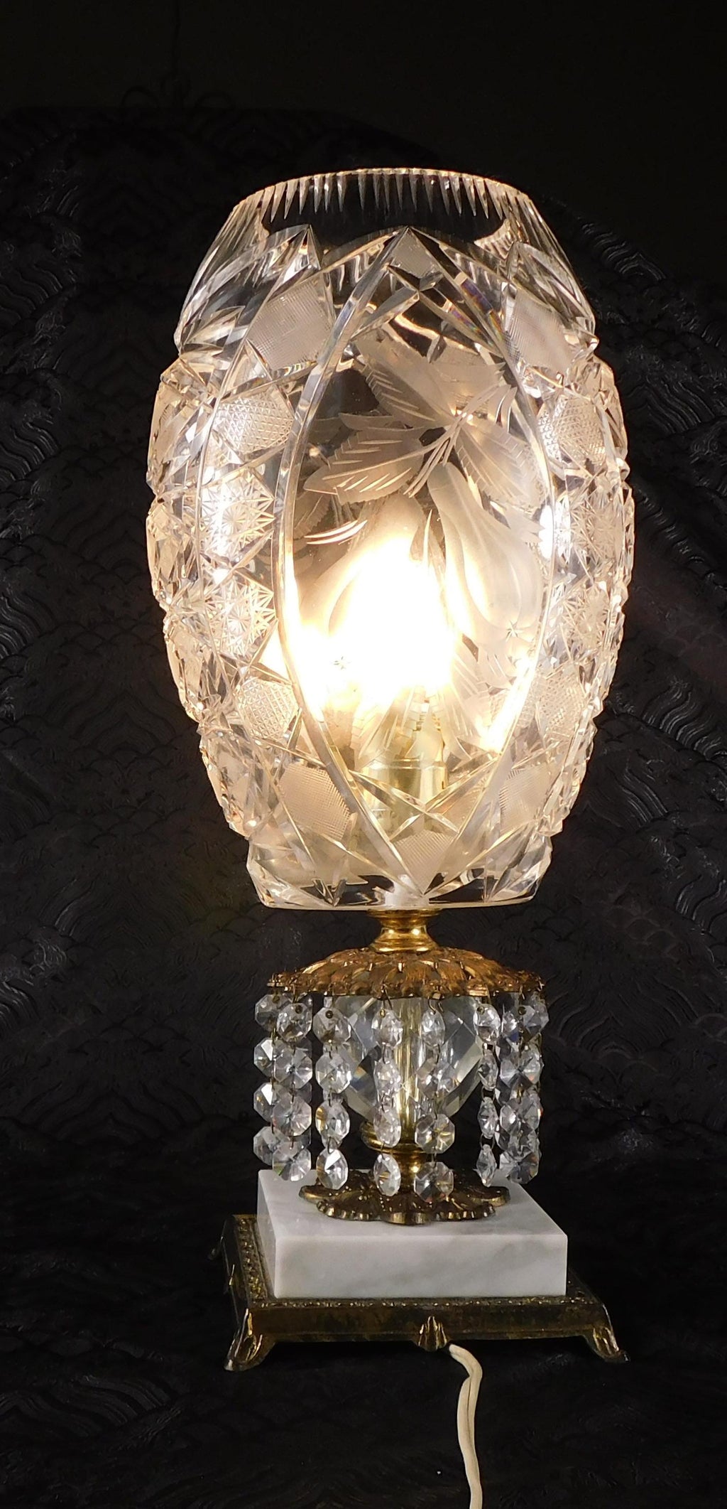 Very Large Cut Crystal Lamp on Marble Base with Hanging Prisms # 27690