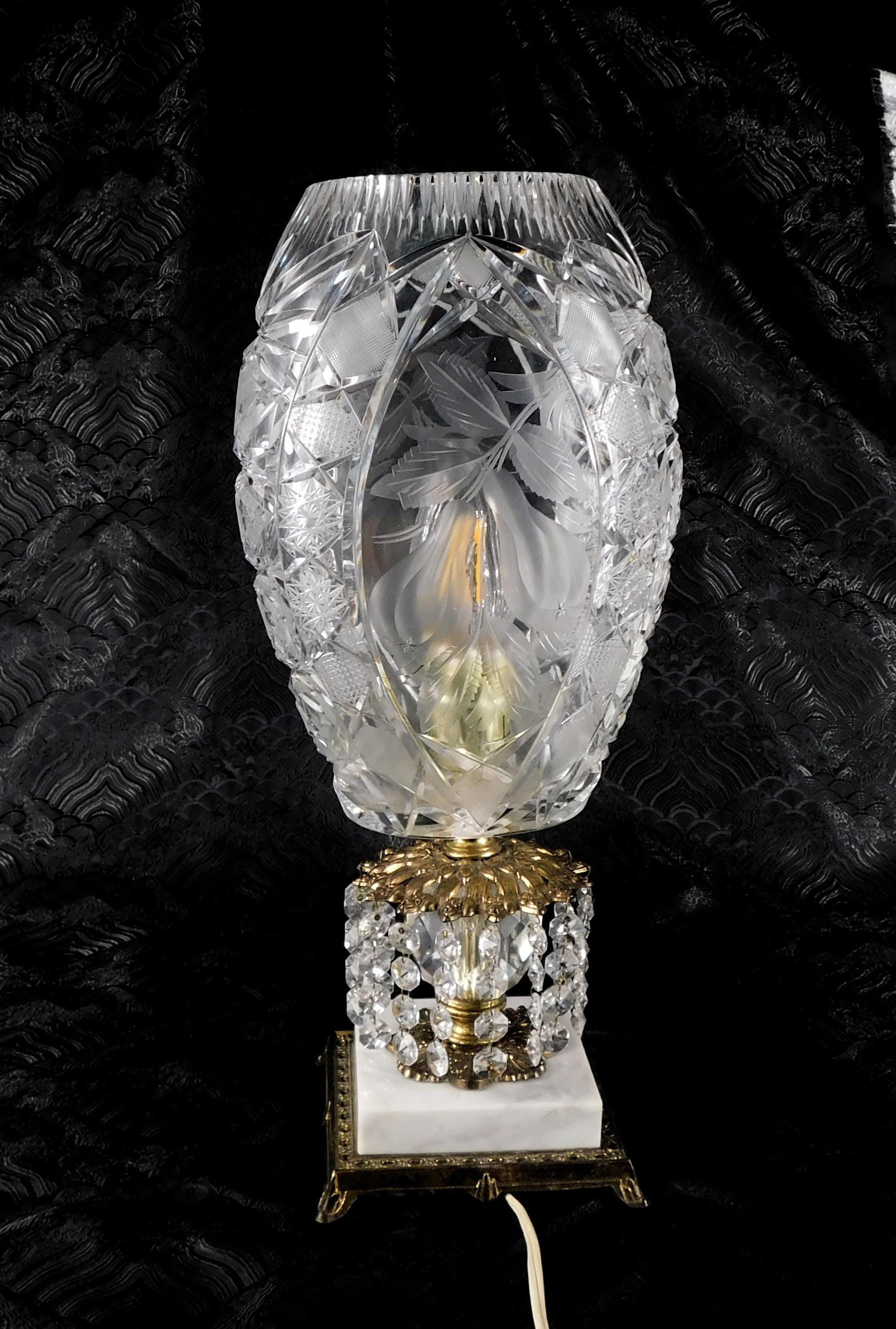 Very Large Cut Crystal Lamp on Marble Base with Hanging Prisms # 27690