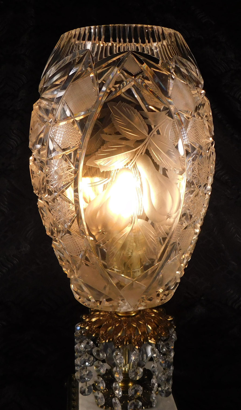 Very Large Cut Crystal Lamp on Marble Base with Hanging Prisms # 27690