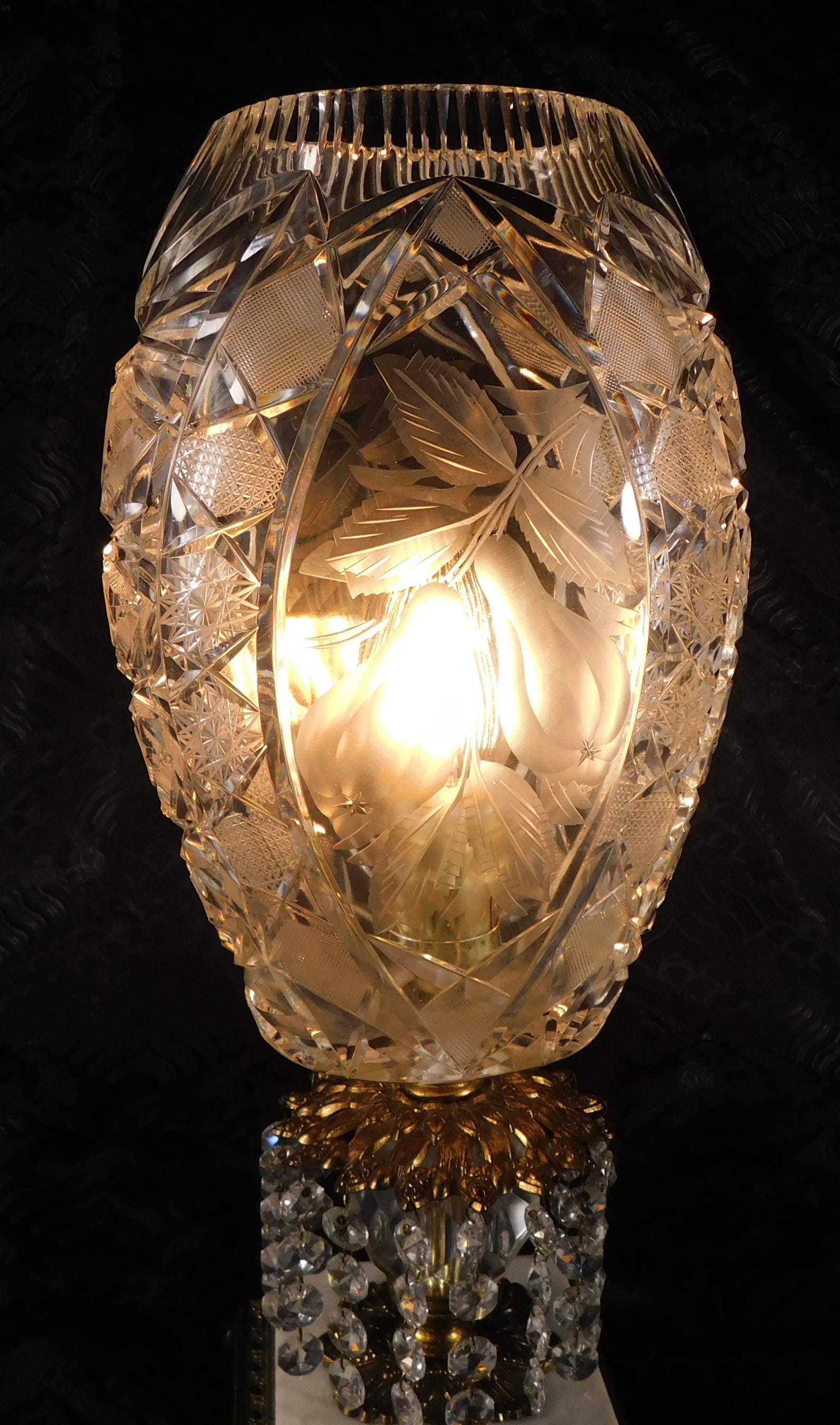 Very Large Cut Crystal Lamp on Marble Base with Hanging Prisms # 27690