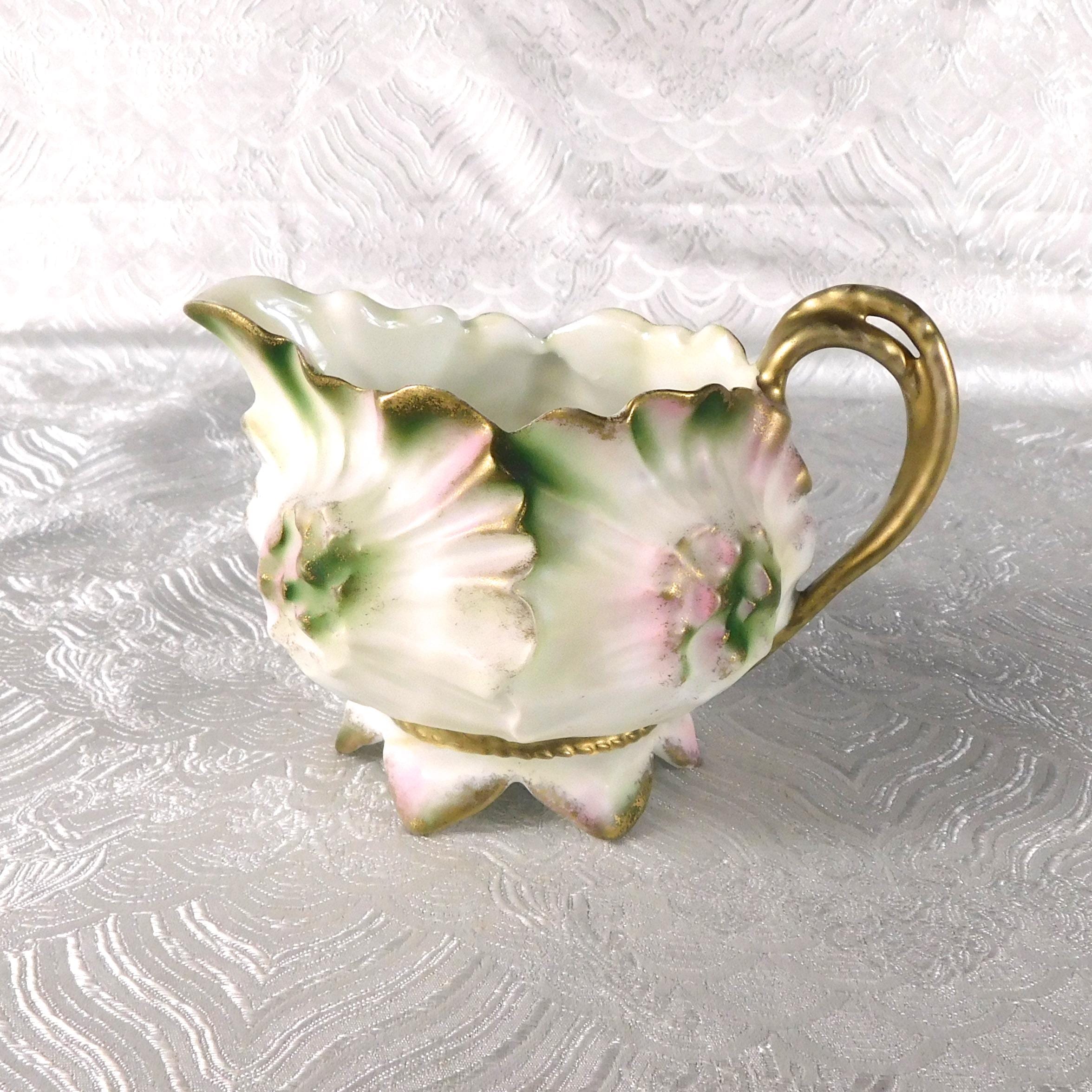 Reinhold Schlegelmilch Pink and Olive Green Floral Creamer # 27679