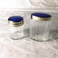 Lot of Two Clear Glass Vanity Jars with Blue Lids # 25802