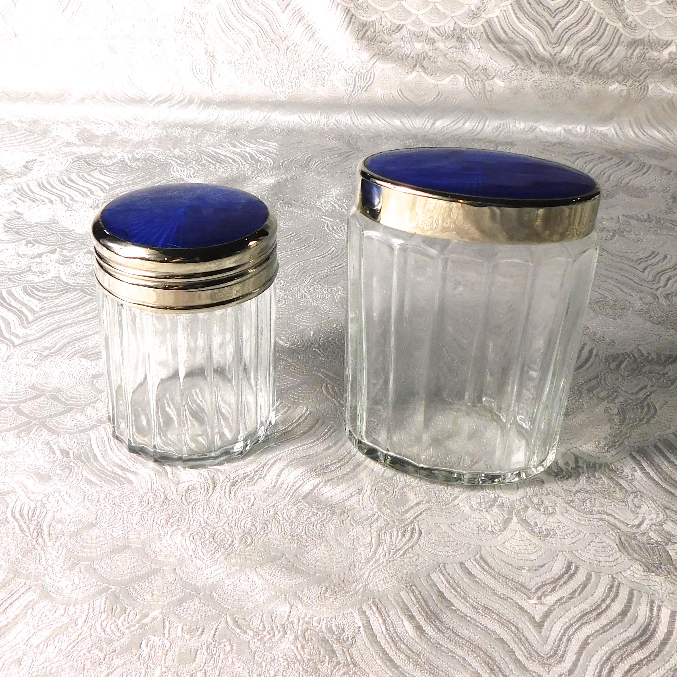 Lot of Two Clear Glass Vanity Jars with Blue Lids # 25802