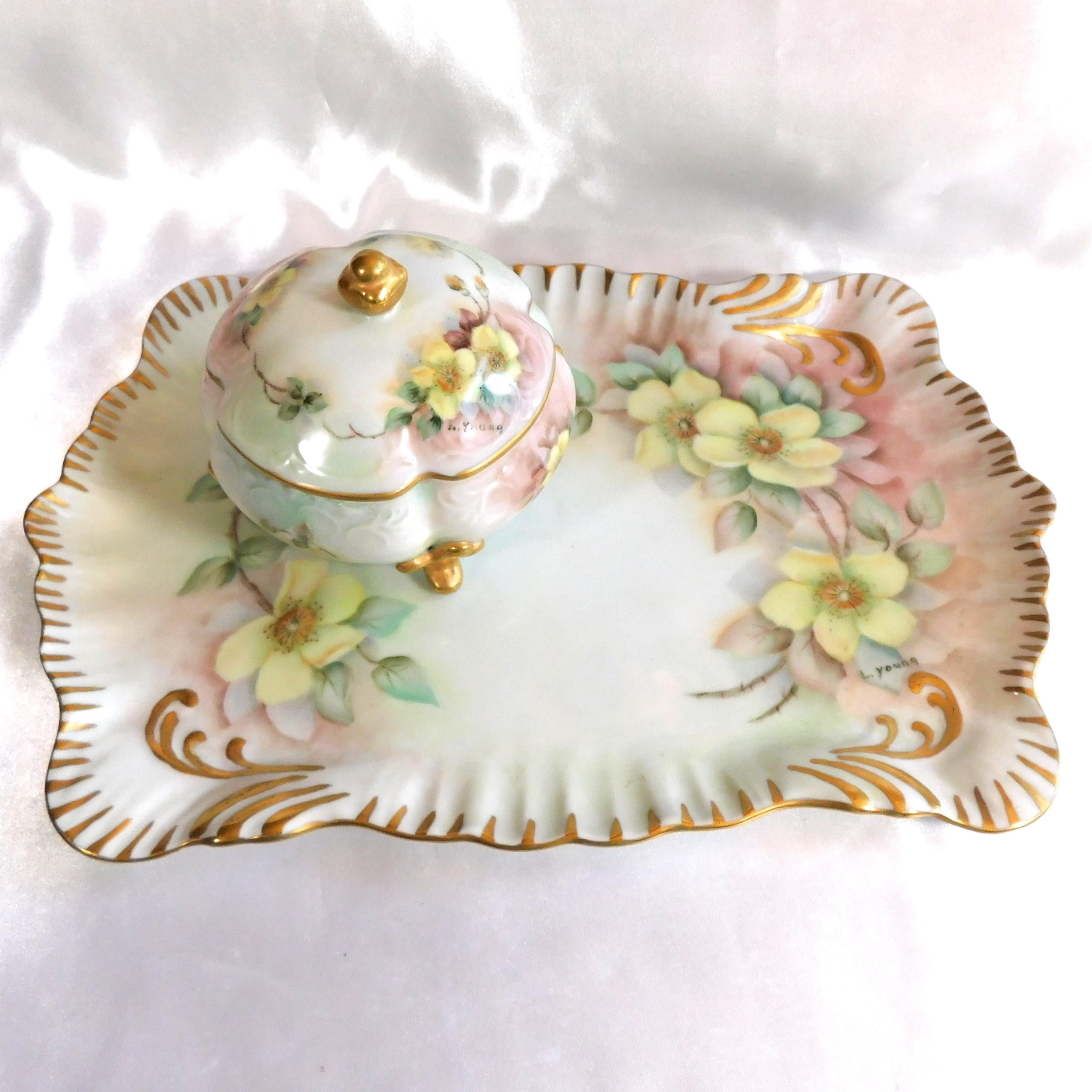 Hand Painted and Signed Vanity Tray and Covered Vanity Jar # 23678