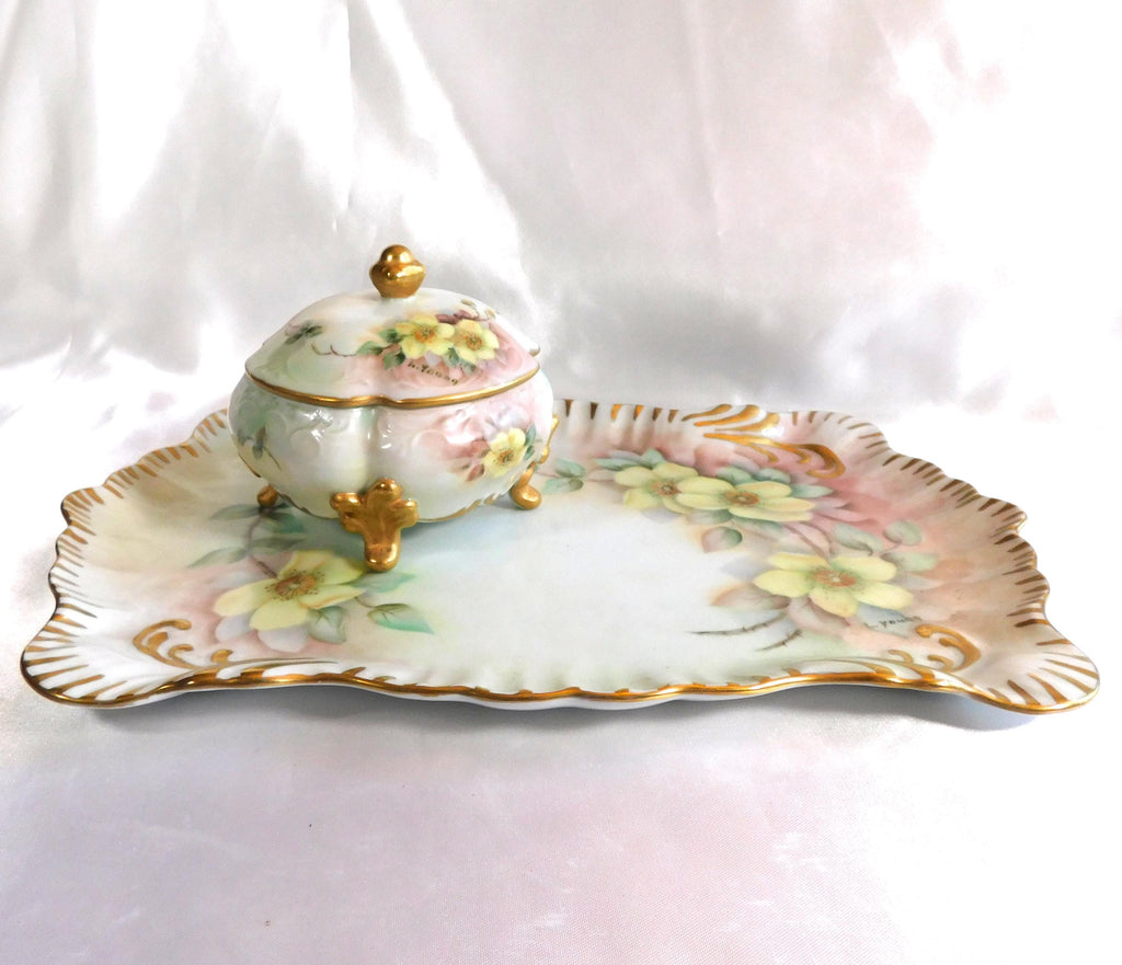 Hand Painted and Signed Vanity Tray and Covered Vanity Jar # 23678