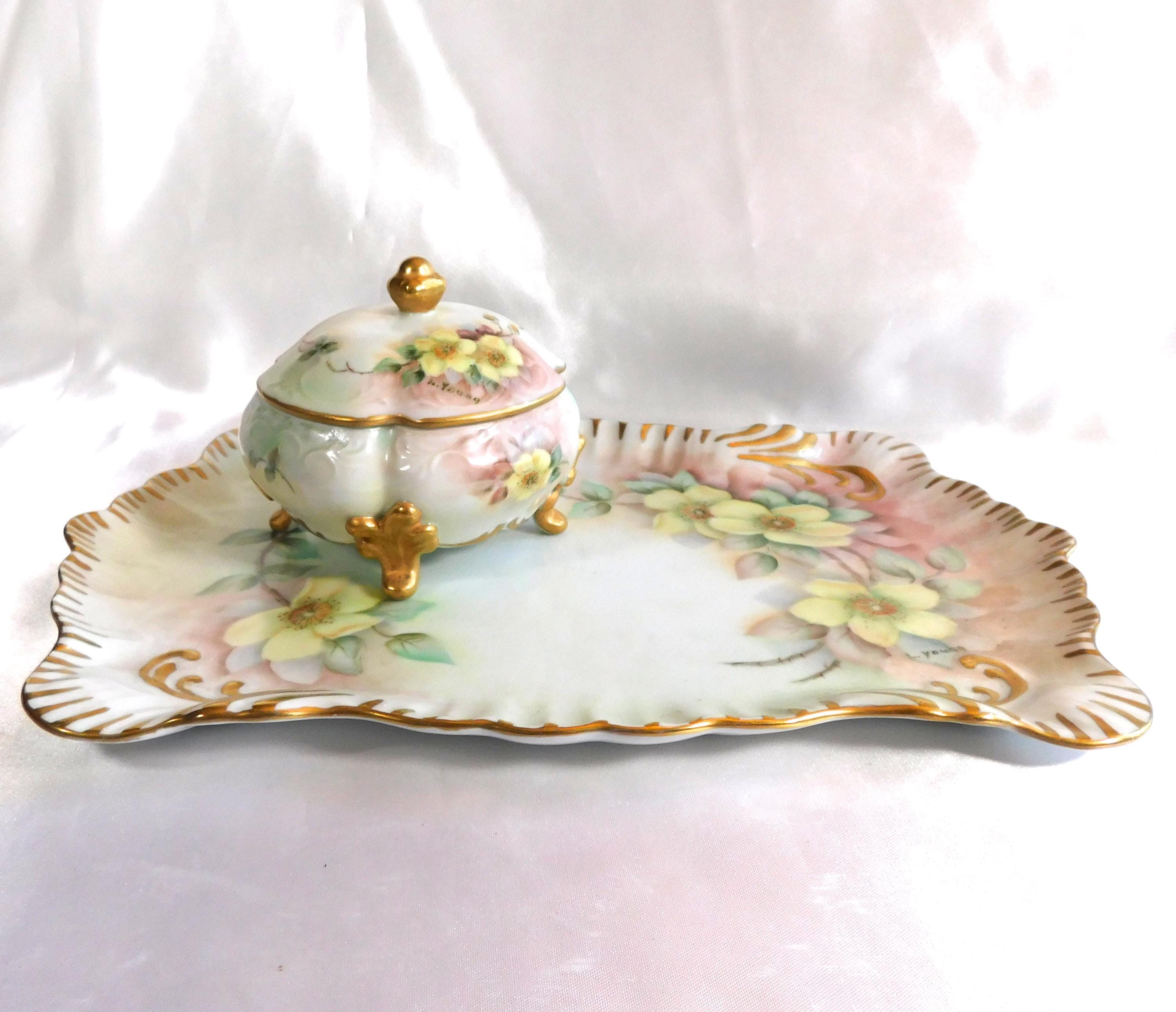 Hand Painted and Signed Vanity Tray and Covered Vanity Jar # 23678