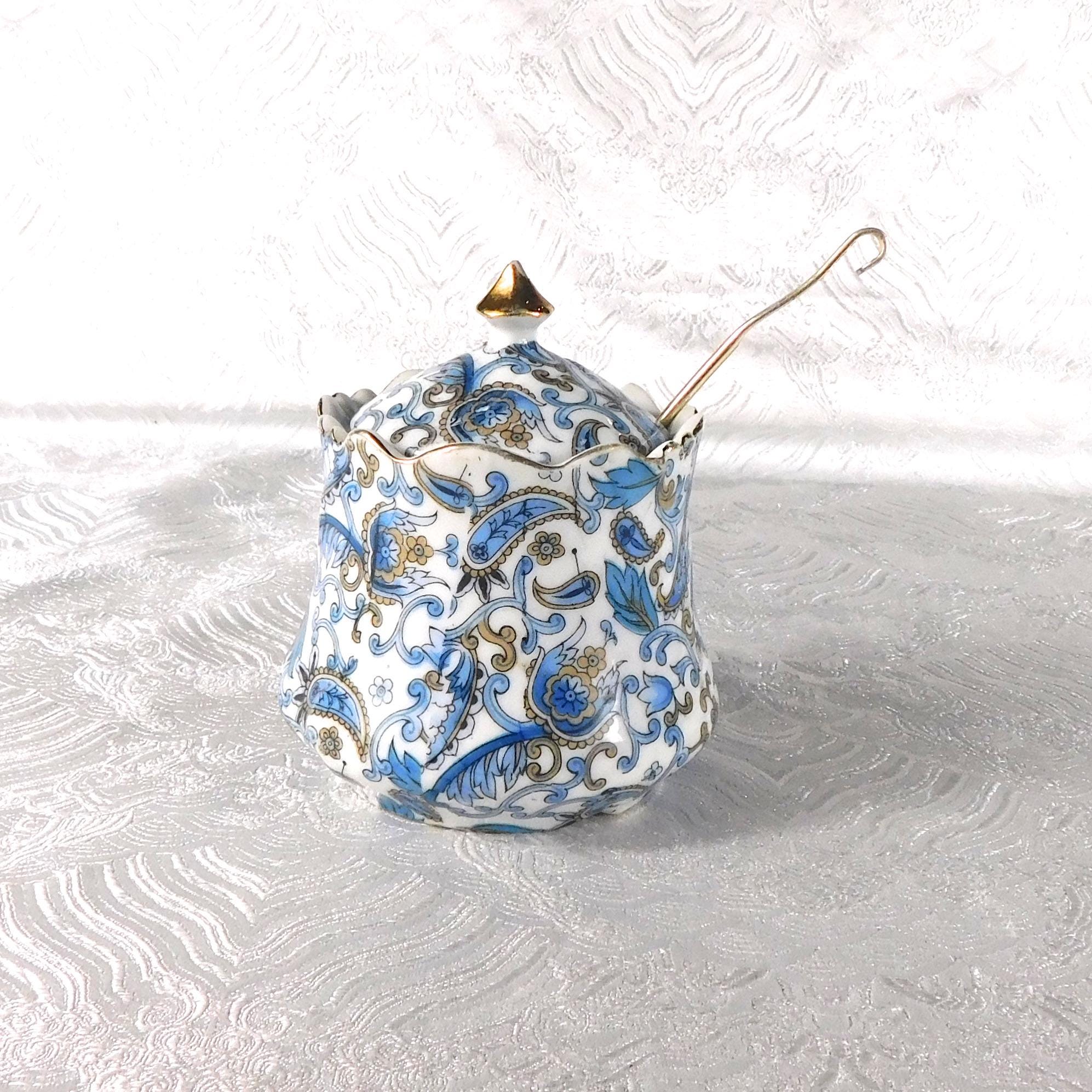 Lefton Blue Paisley Jam Jelly Pot with Lid # 27673