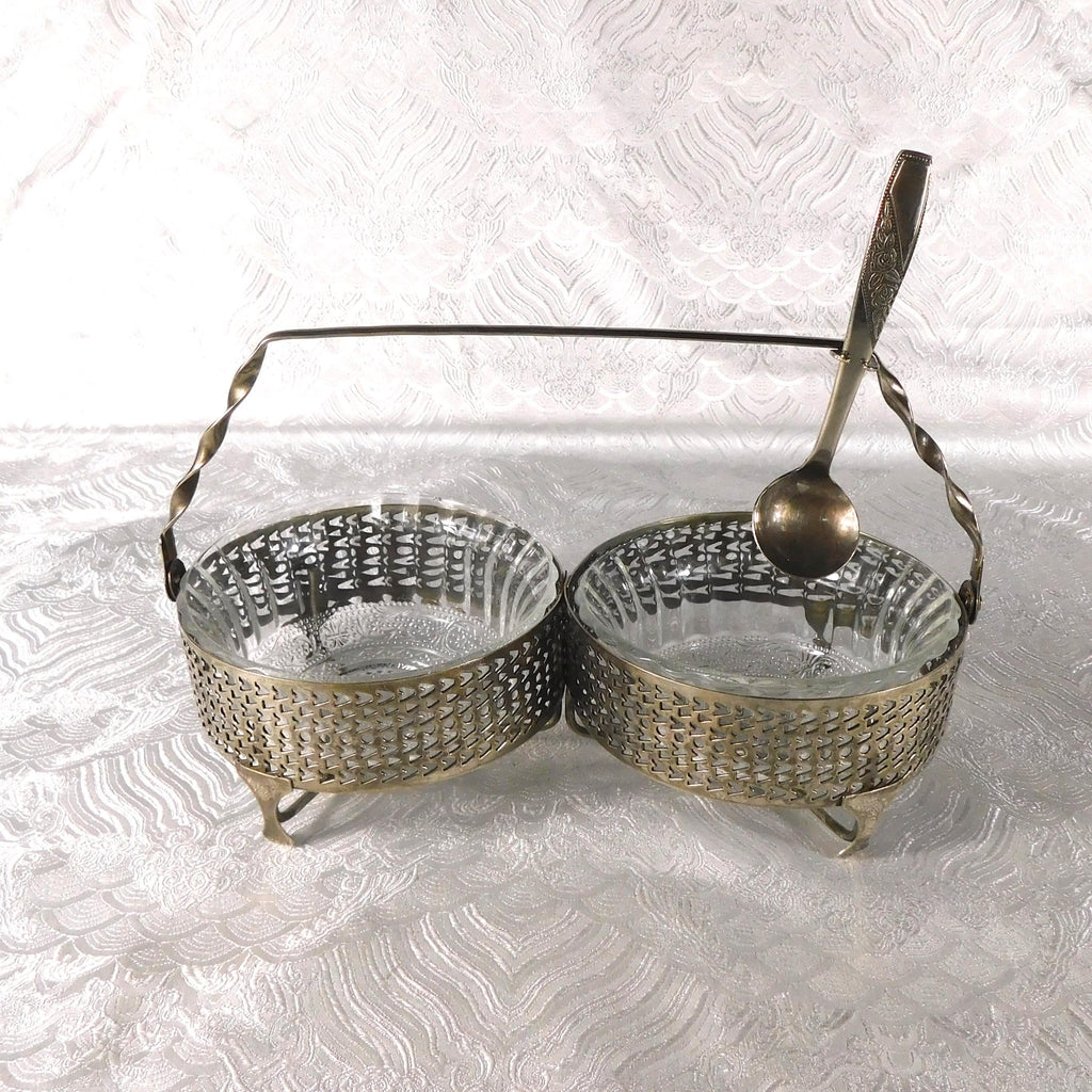 Two Dish Jelly Jar Condiment Stand with Metal Rack and Spoon # 27671