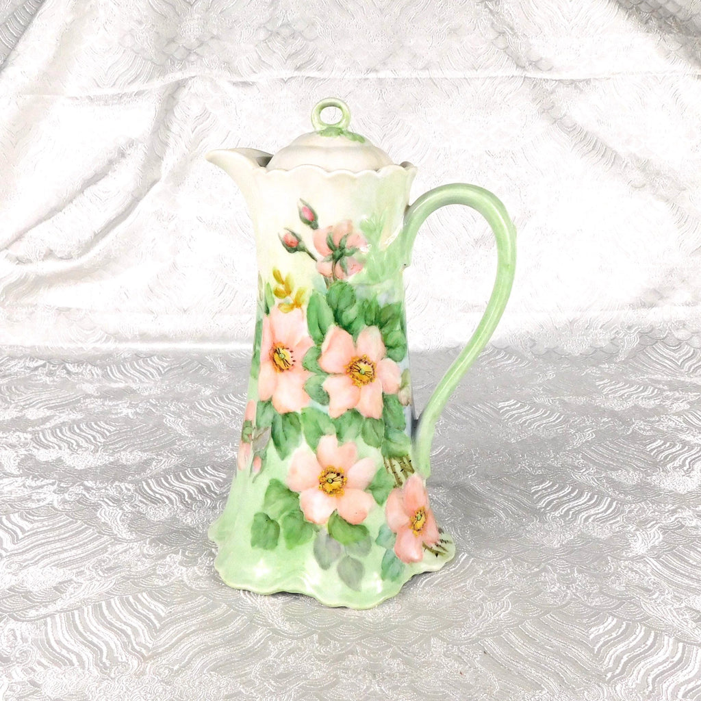 Signed Pale Green Unmarked Chocolate Pot or Teapot with Pink Flowers # 27531