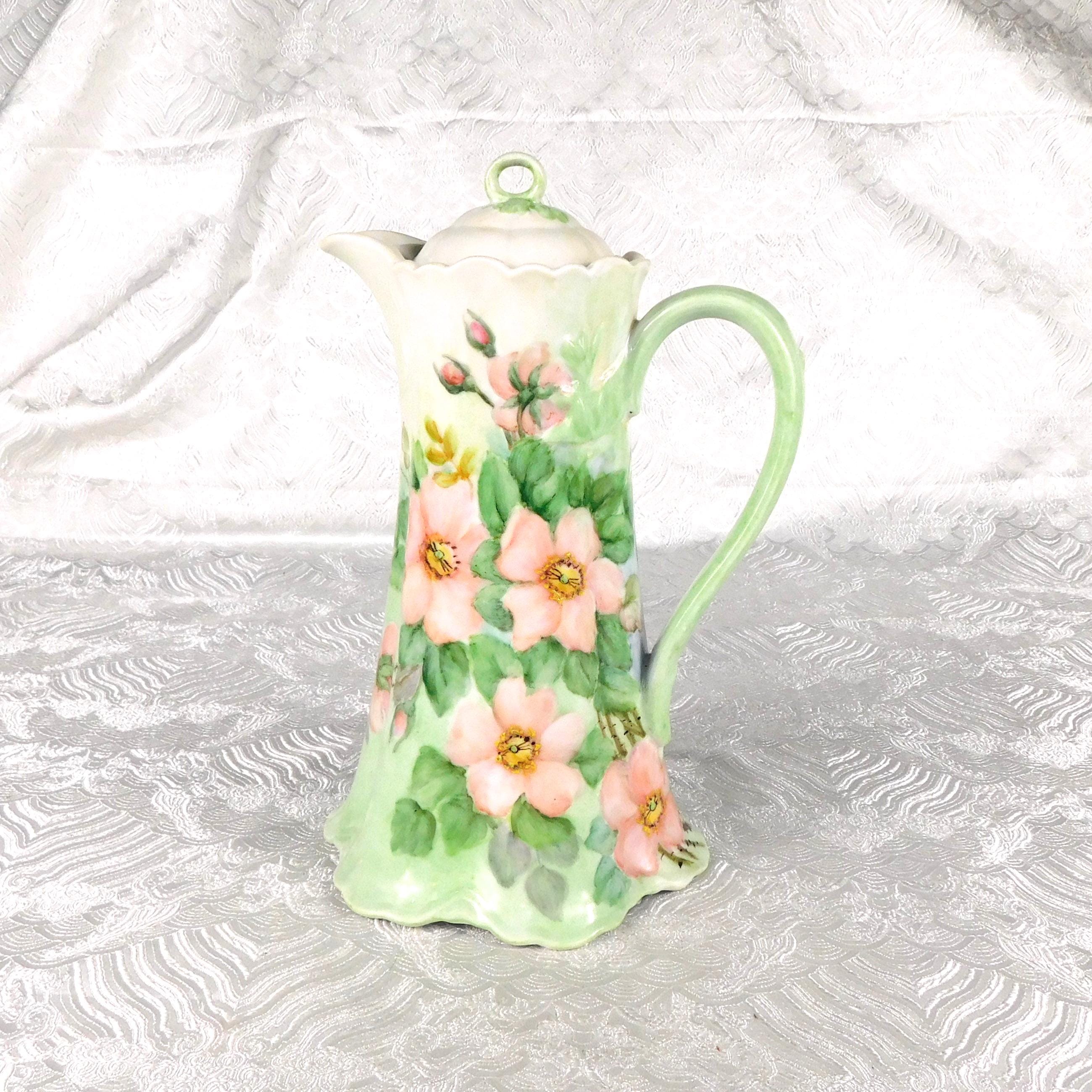 Signed Pale Green Unmarked Chocolate Pot or Teapot with Pink Flowers # 27531