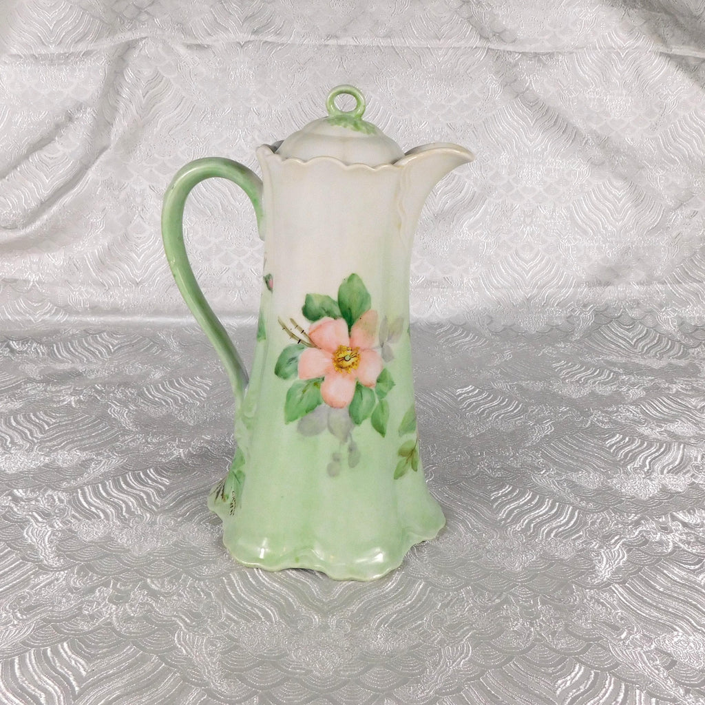 Signed Pale Green Unmarked Chocolate Pot or Teapot with Pink Flowers # 27531