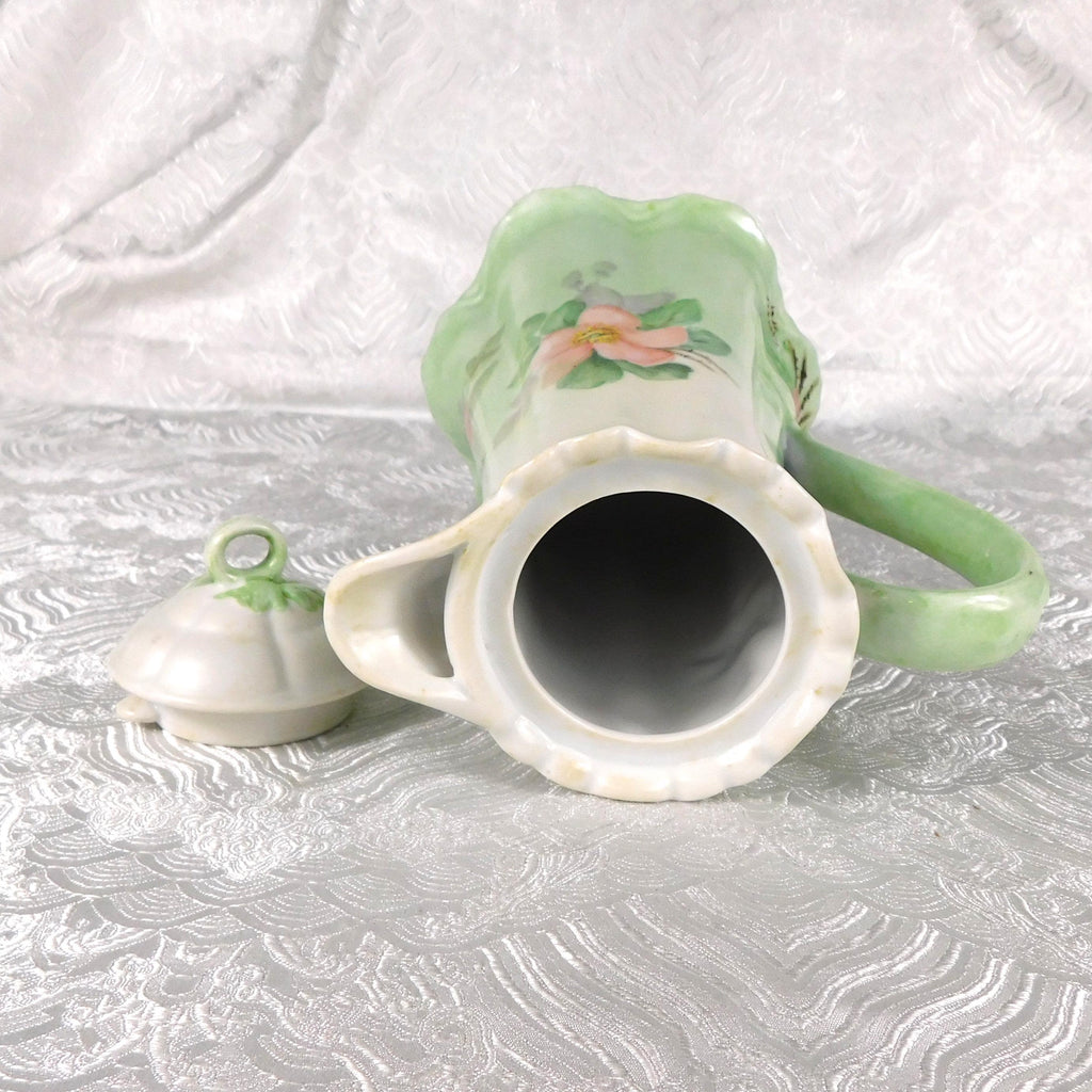 Signed Pale Green Unmarked Chocolate Pot or Teapot with Pink Flowers # 27531