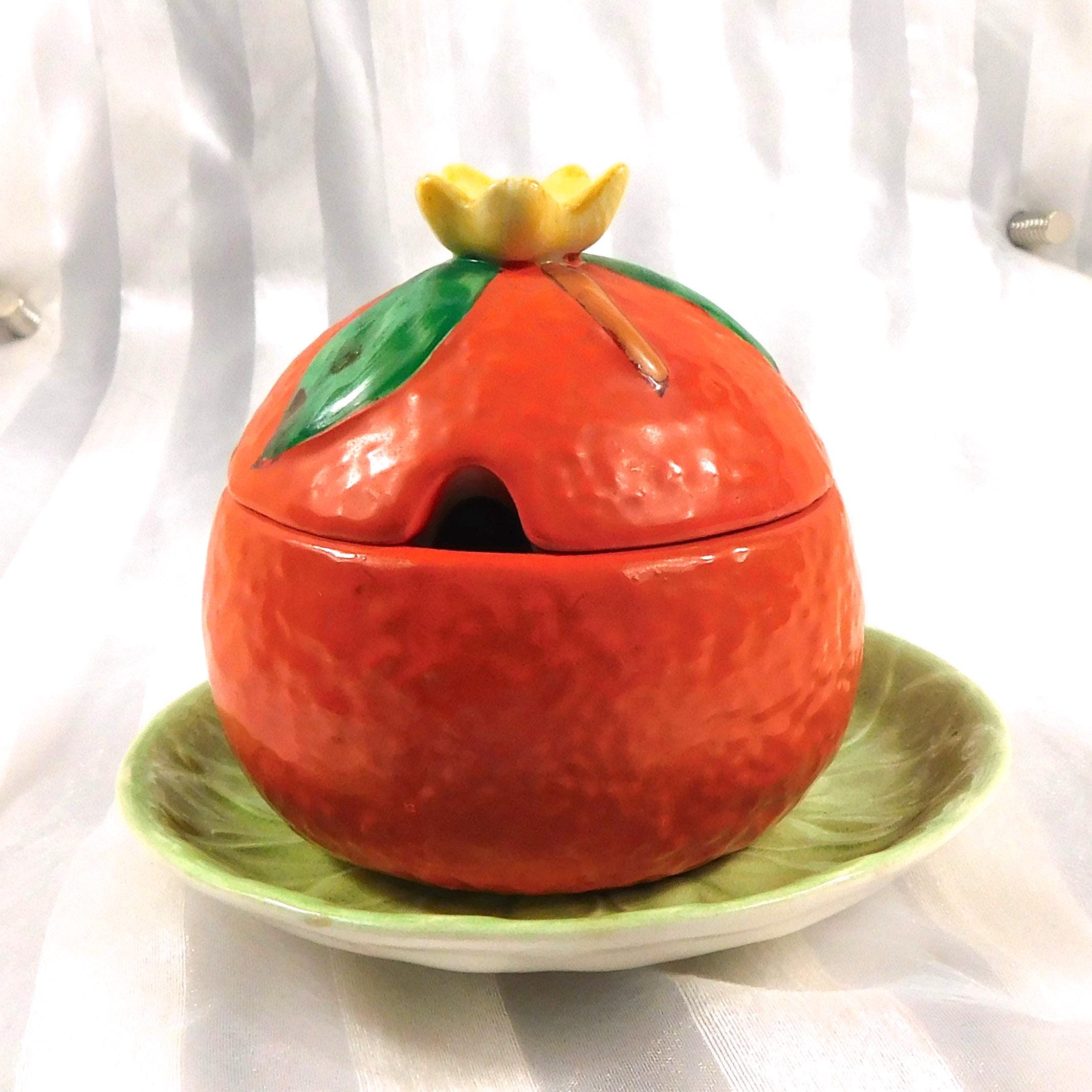 Carlton Ware Orange Shaped Jelly Jar or Honey Pot with Green Underplate # 27170