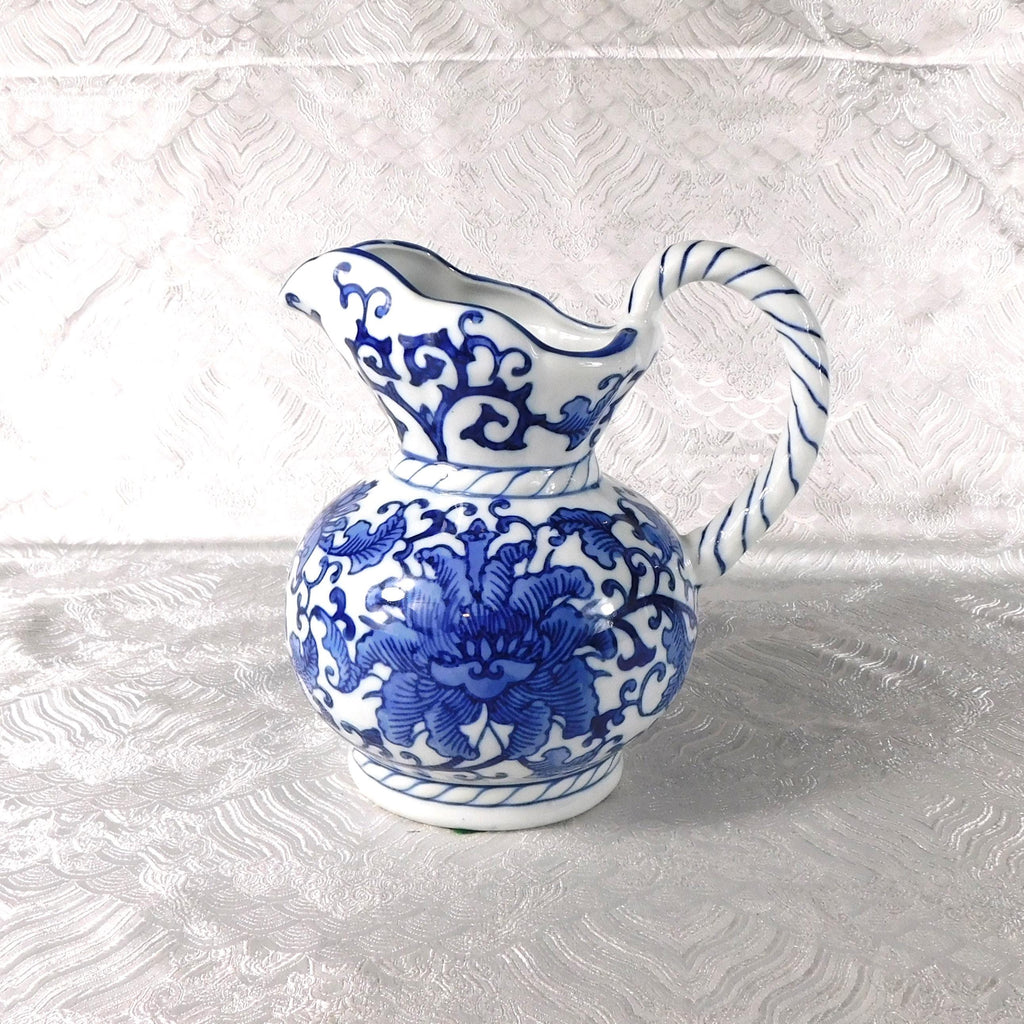 White and Blue Floral Ceramic Pitcher Made for Seymour Mann # 27681
